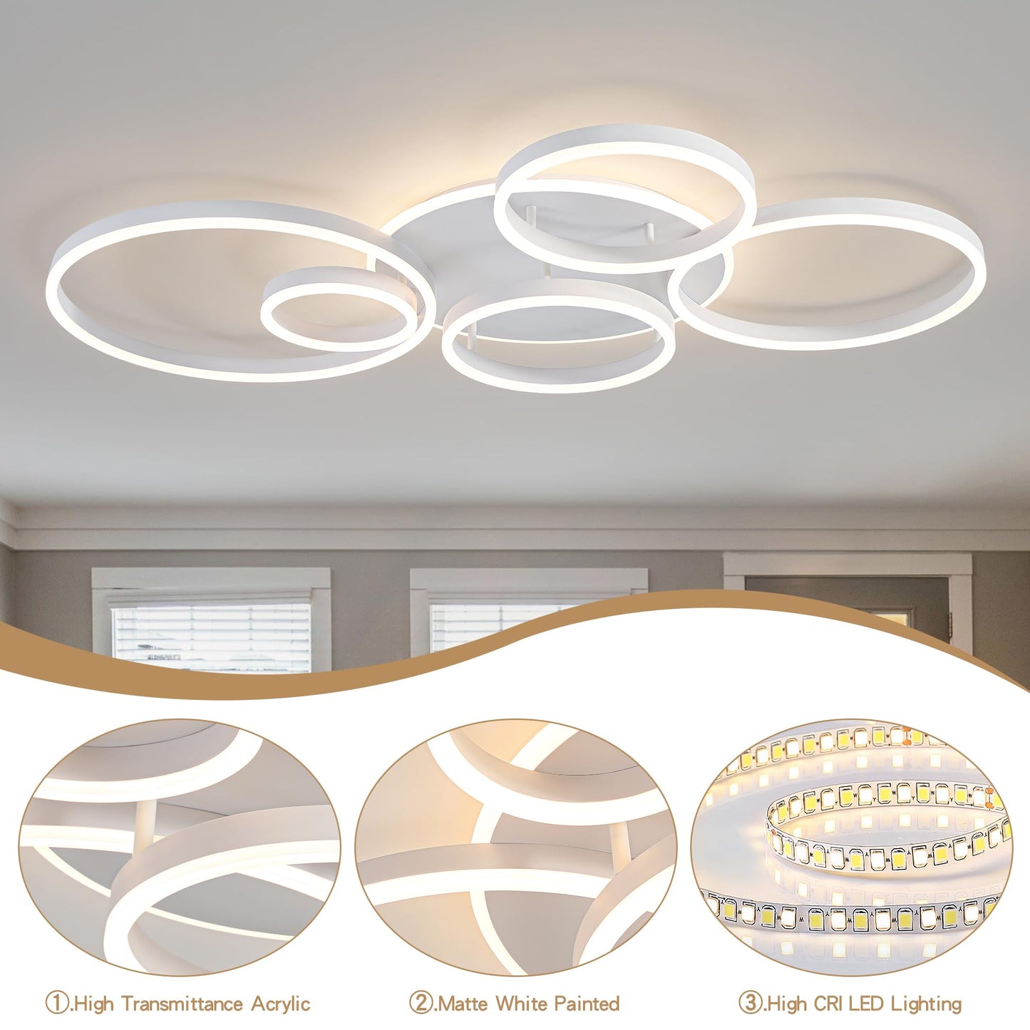 O'NEELDY Modern LED Ceiling Light White Flush Mount Ceiling Lights Fixtures Dimmable 47" Dining Room Light Fixture with Remote 6 Rings Kitchen Lighting Fixtures Ceiling Lamp for Bedroom,Living Room
