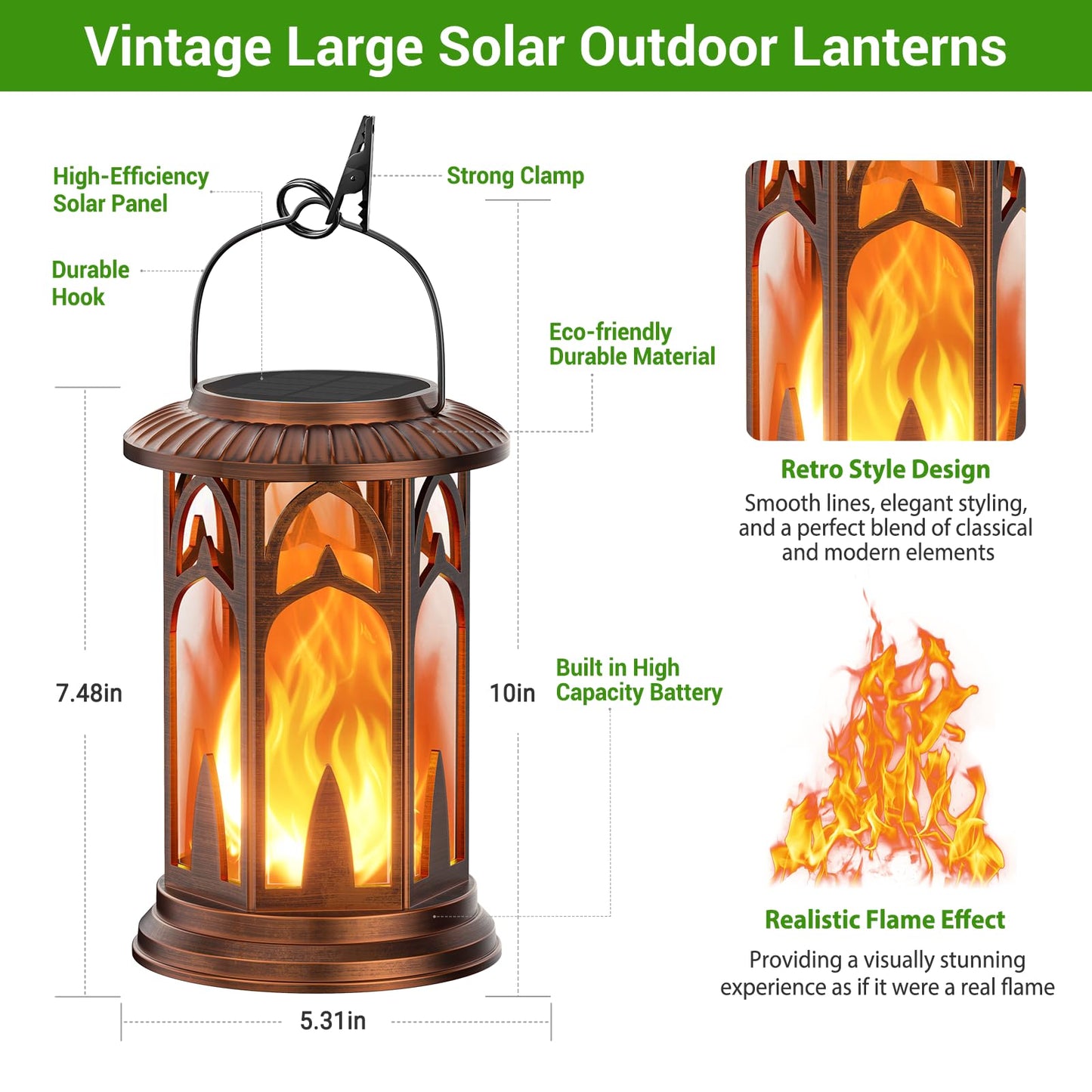 KOOPER Taller Solar Lanterns Outdoor Waterproof Hanging Solar Lantern Lights, 2Pack Upgraded Flickering Flame Lanterns Decorative Outdoor, Battery & Solar Powered lantern for Garden Yard Decor, Bronze