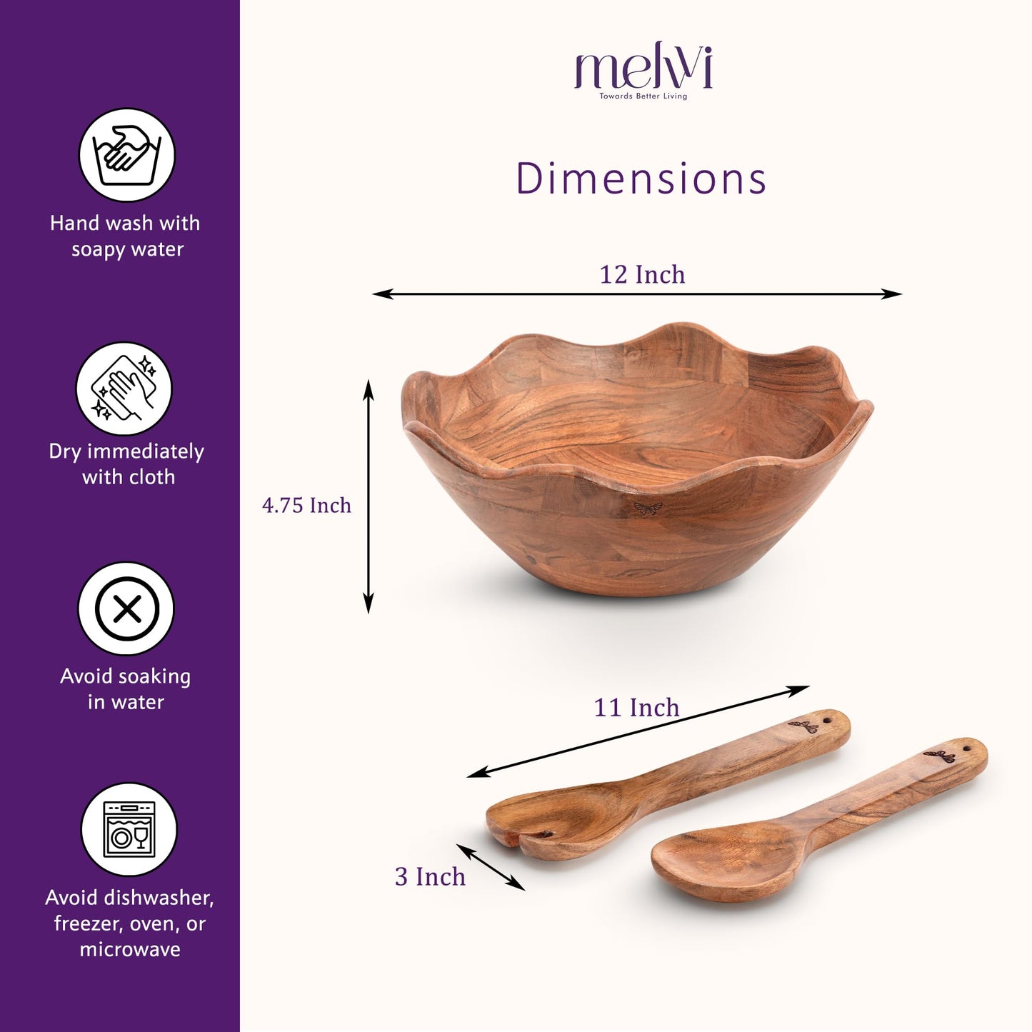 Melvvi Large Wooden Salad Bowl Set with 2 Serving Utensils | 12" Acacia Wood Bowls for Food | Great Mothers Day gift (Natural Set of 3)