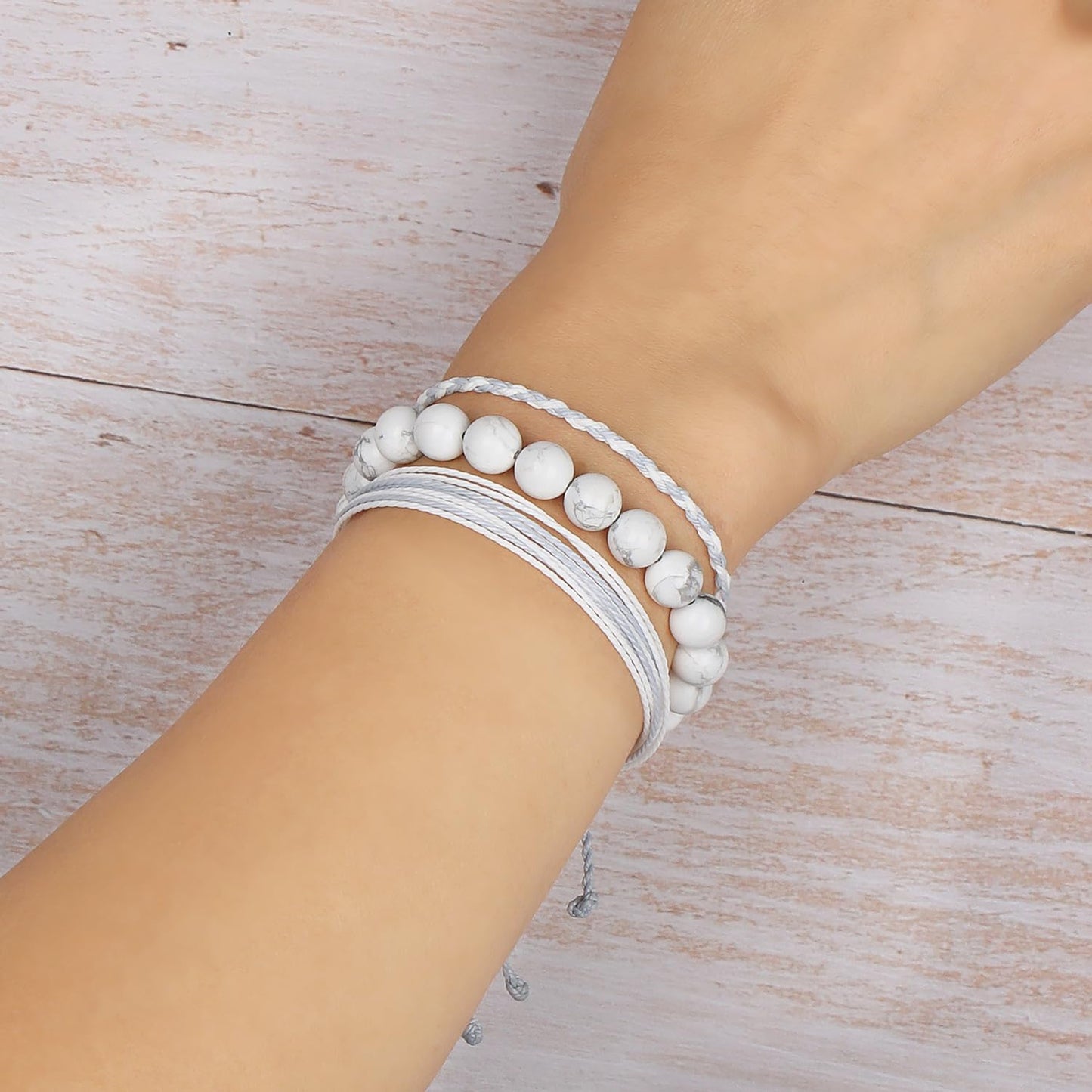 QOGIR Handmade Healing Stones Bracelet,8mm Natural White Howlite Gemstone Beads Bracelet,for Men Women Gifts with 2PCS Size Adjustable Rope Bracelets