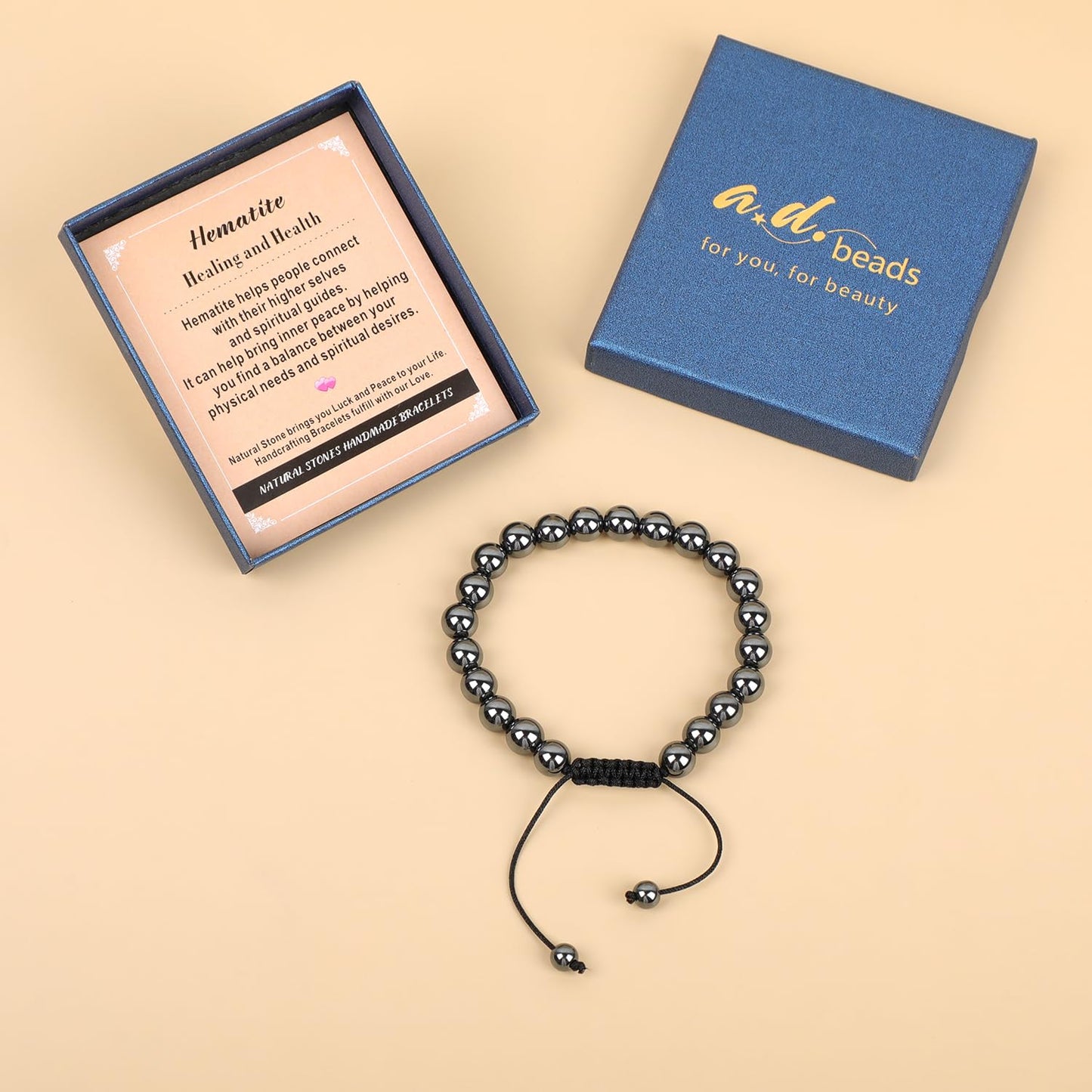AD Beads 8mm Hematite - Healing and Health - Handmade Natural Stone Crystal Bracelet with Adjustable Macrame String - Yoga Healing Power Energy Gifts for Men and Women
