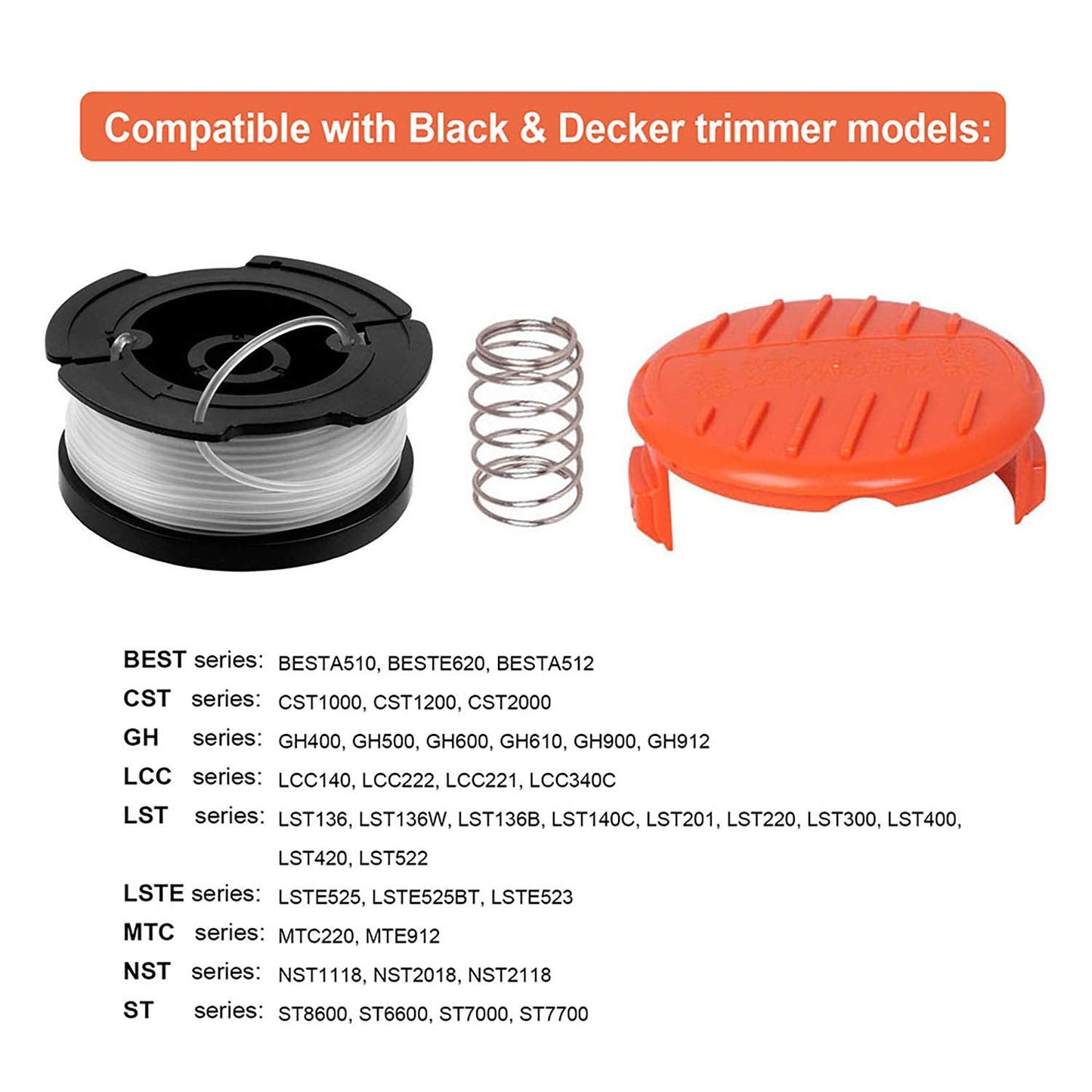 THTEN AF-100 String Trimmer Spool Compatible with Black and Decker GH600 GH900 LST201 LSTE525 BESTA510 30ft 0.065" Refills Line AFS Weed Eater Edger with RC-100-P Spool Cap Covers 6 Pack
