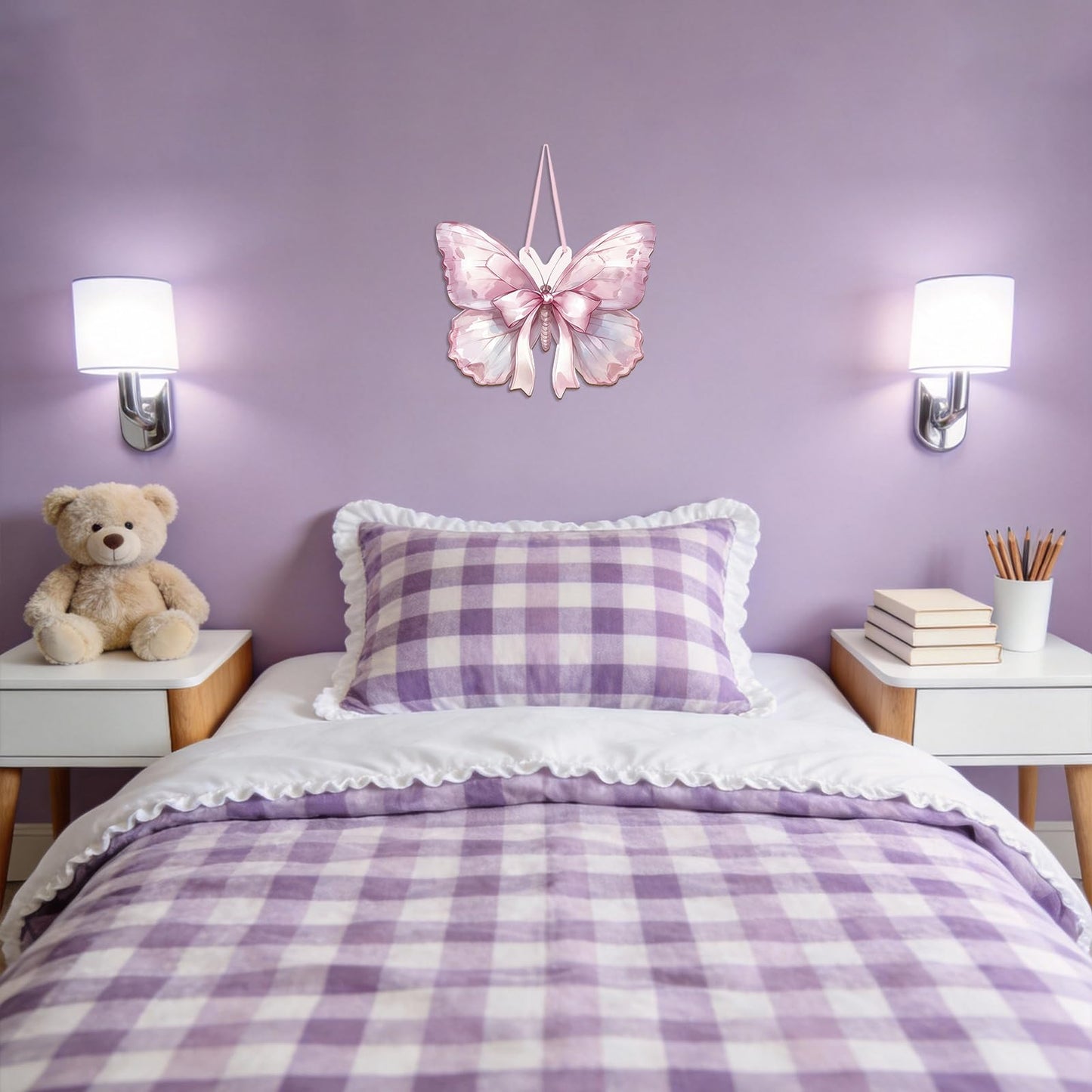 KHJCXS Double Sided Pink Purple Butterfly Wooden Hanging Wall Sign, Cute Coquette Girly Bows Wall Art Decor for Teen Girls Kids Preppy Nursery, College, Bedroom, Dorm, 12.6" × 11.8"