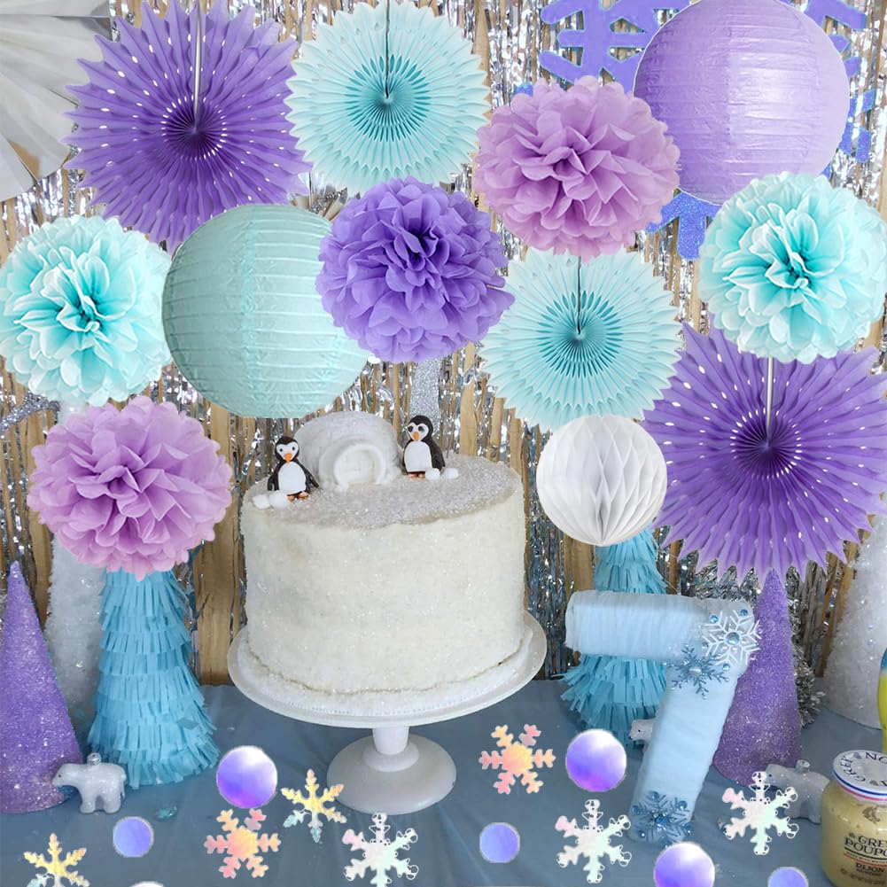 Winter Wonderland Decorations Snowflake Fans Blue Purple White Winter Birthday Bridal Shower Baby Shower Decorations with Confetti Table for Wonderland Snowflake Engagement Wedding Bachelorette Party