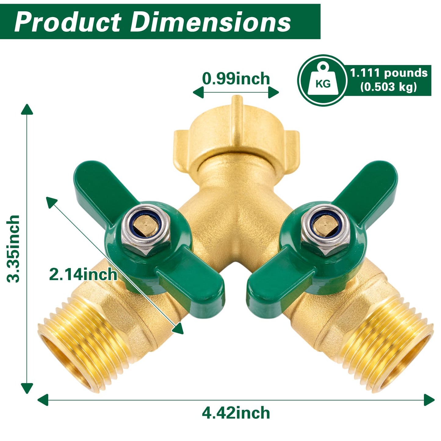 Cekwiet Heavy Duty Garden Hose Splitter 2 Way, Brass Full Flow Y Hose Splitter with Thickened Easy-Turn Handle, 3/4" GHT Outdoor Faucet Connector with Shut-Off Valves