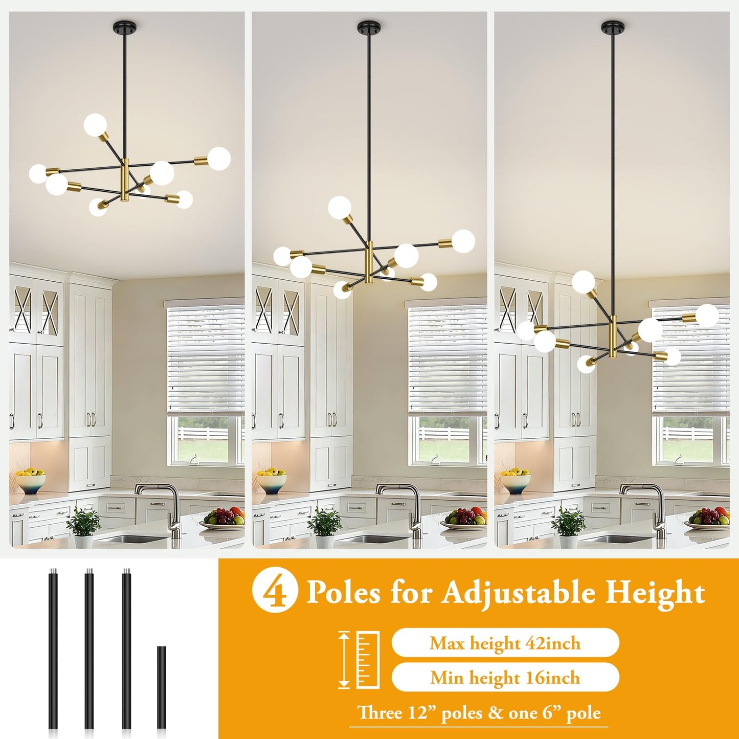BesLowe 31‘’ 8-Light Modern Sputnik Chandelier, Mid Century Black & Gold Chandeliers Lighting, Farmhouse Ceiling Hanging Light Fixture for Dining Room Bedroom Room Kitchen Foyer, Height Adjustable
