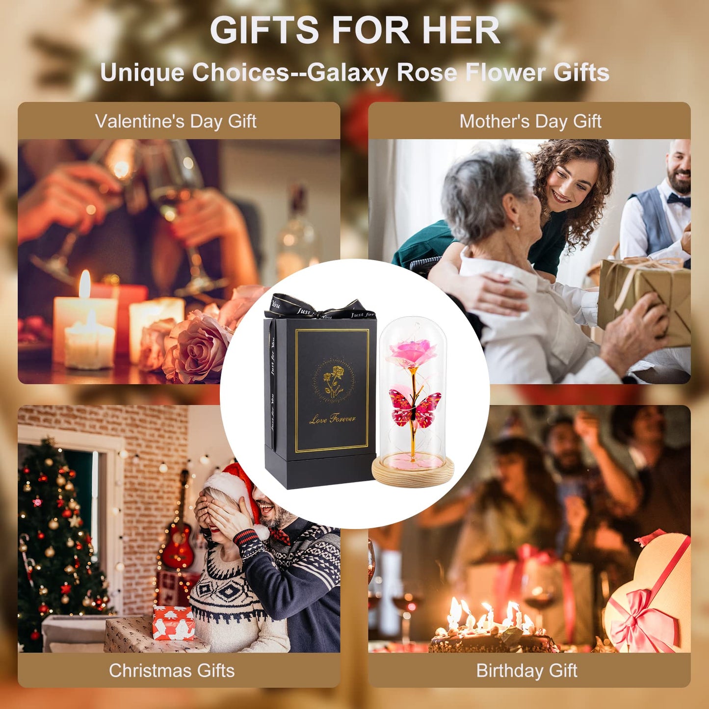 Beferr Birthday Gifts for Women Galaxy Glass Rose Forever Preserved Flowers for Delivery Light Up Rose in Glass Dome Mothers Day Pink Butterfly Gifts for Mom Grandma Wife Her Daughter Girlfriend