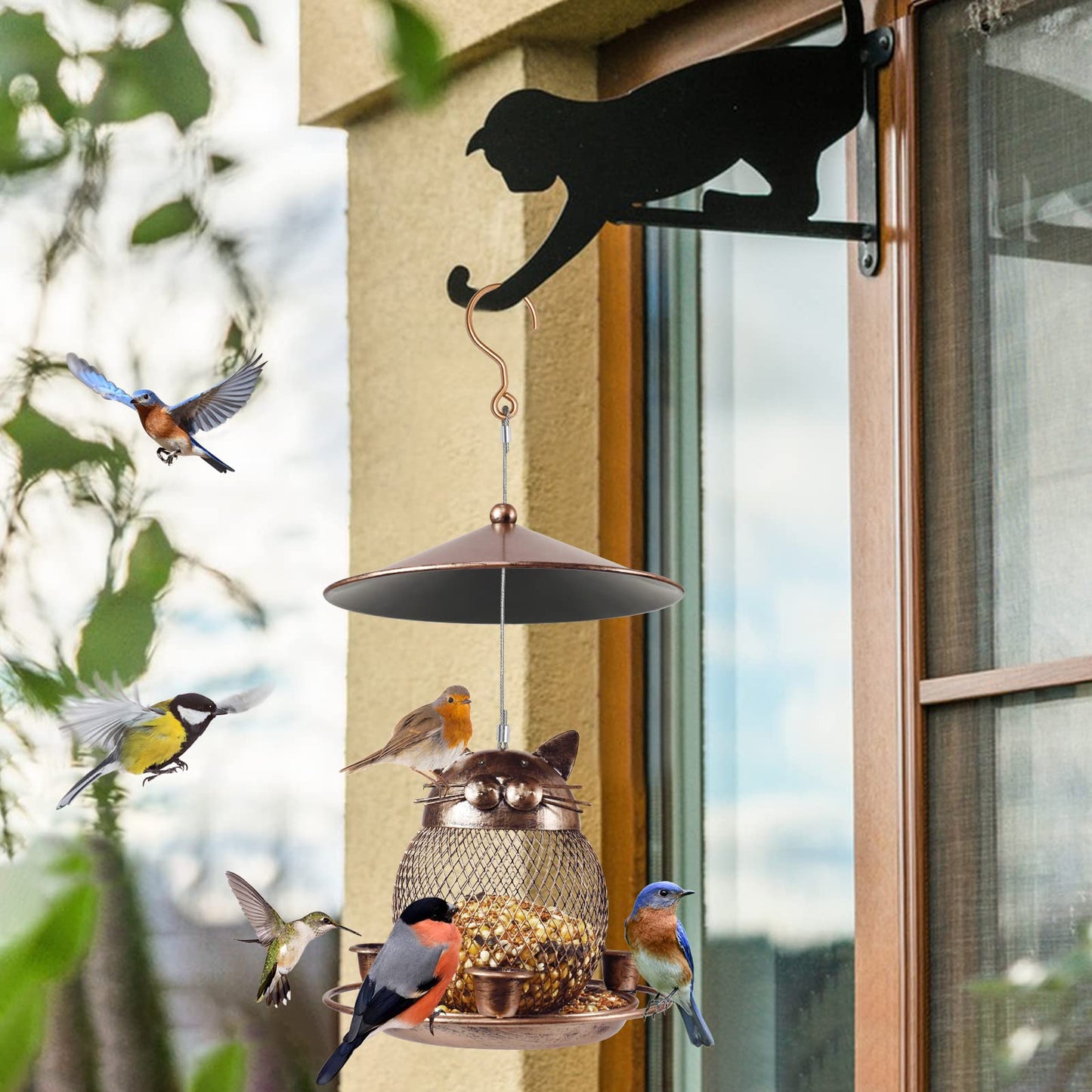 LBTING Bird Feeder for Outdoor, Squirrel Proof Metal Wild Bird Feeder Decoration for Hanging Outside Garden Yard, Cute Cat-Shaped