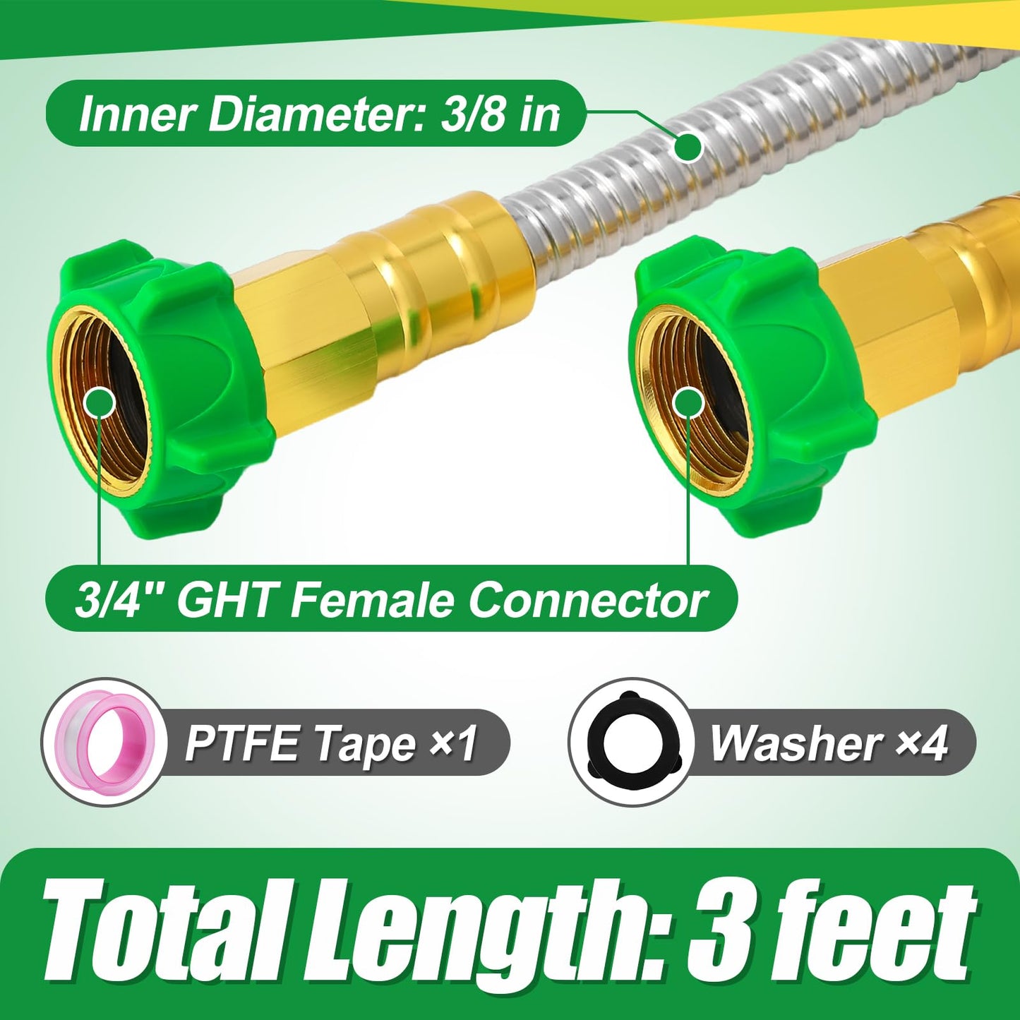 3ft Short Leader Hose with Double Female Connectors - Metal Leakproof Garden Hose for Reel for Outdoor Garden Watering Car Pet Cleaning