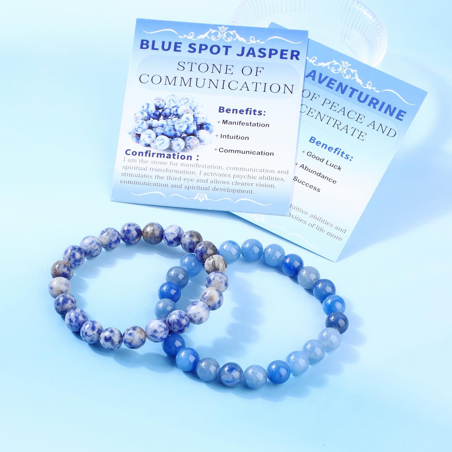 NCB 2-Piece 8mm Natural Crystal Gemstone Stretch Bracelets – ﻿Blue Aventurine, Blue Spot Handmade Reiki Energy Healing Jewelry for Meditation,Yoga, Unisex