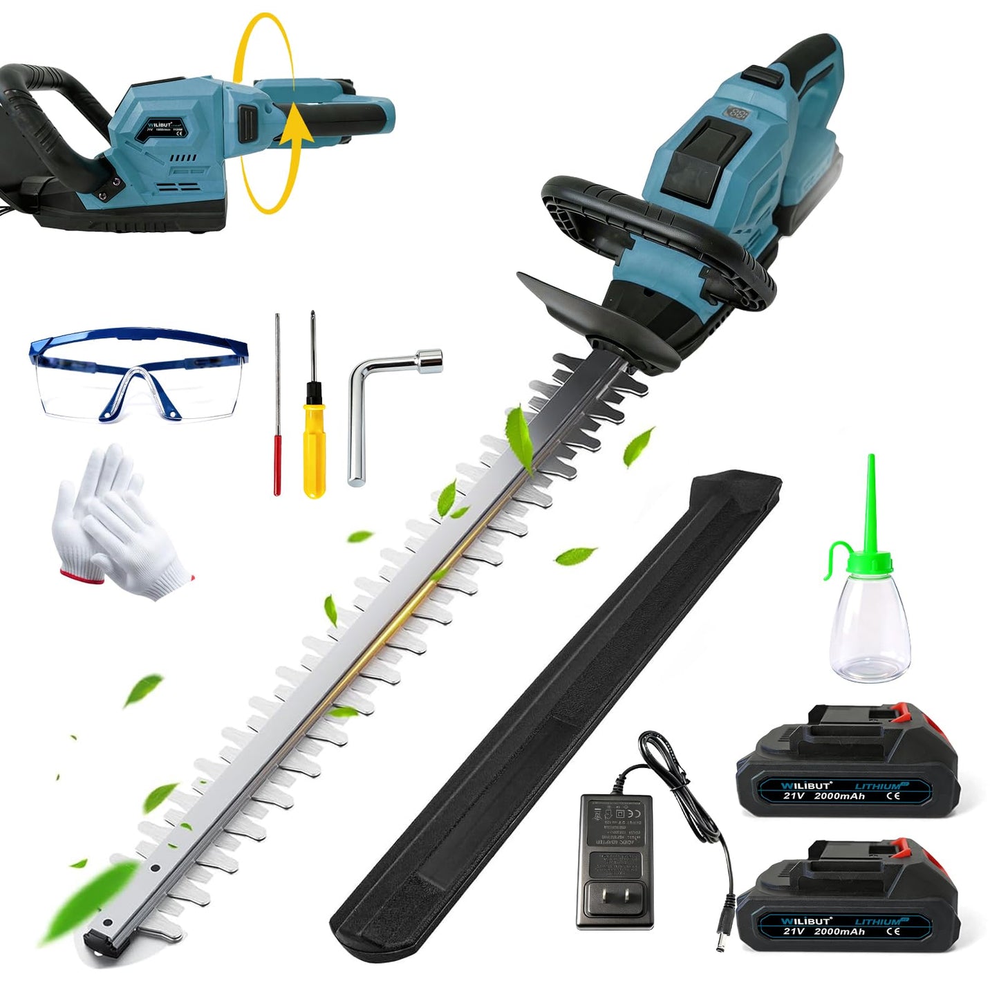22'' Hedge Trimmer Cordless, Electric Handheld Bush Clipper with 180° Rotatable Handle, LCD Display, Brushless Motor, Battery Powered Bush Trimmer for Yard, Garden, 2 * 2.0 Batteries & Charger, Blue