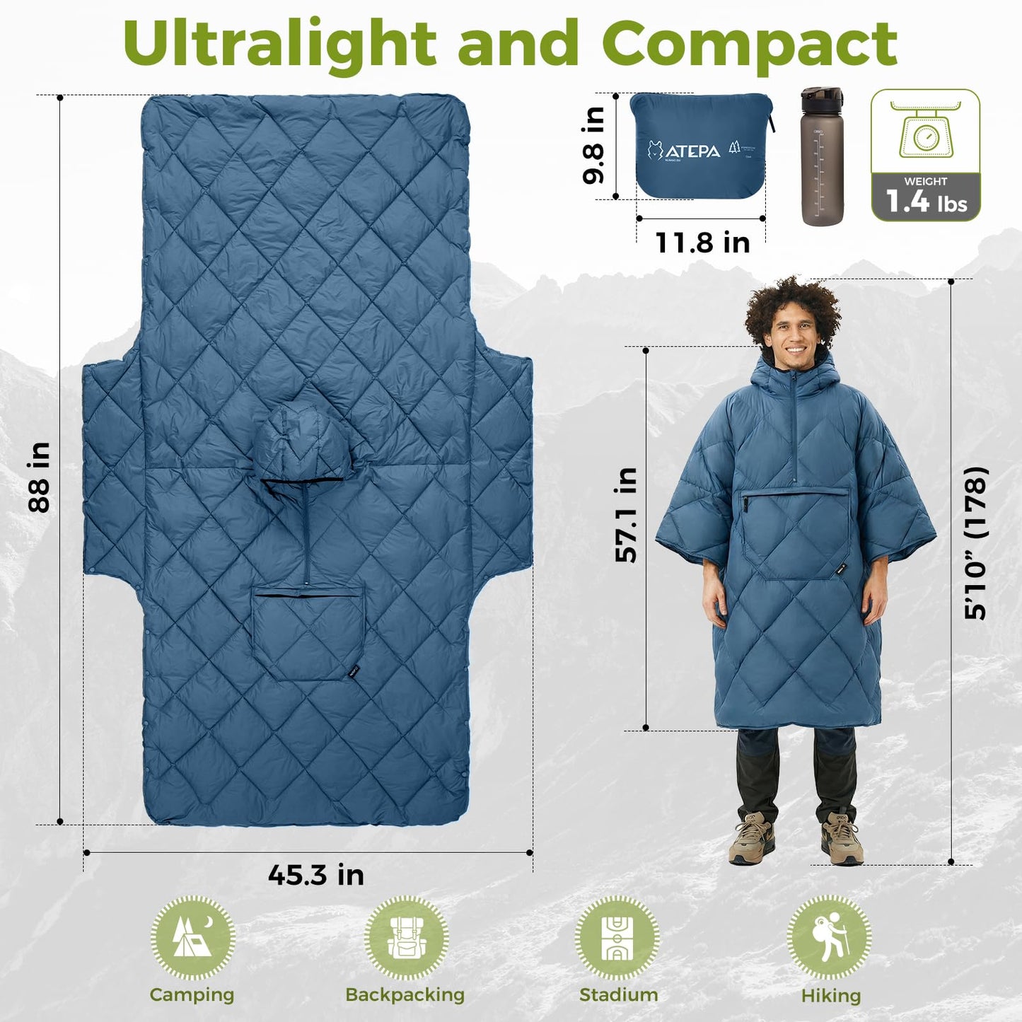 ATEPA Wearable Sleeping Bag, Recycled Insulated Water-Resistant Camping Blanket Poncho, Ultralight Packable Hooded Stadium Blanket for Outdoor Sports Fishing Backpacking Hiking Cold Weather, Blue
