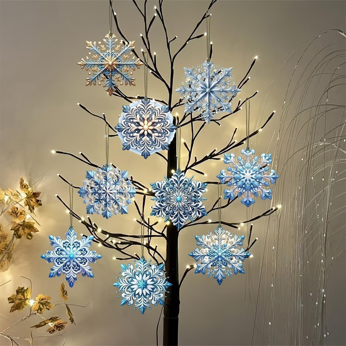 12Pcs Christmas Tree Decorations Christmas Snowflake Wooden Ornaments Christmas Decor Creative Blue Snowflake Christmas Ornaments for Tree Winter Home Decoration Holiday Party DIY Crafts