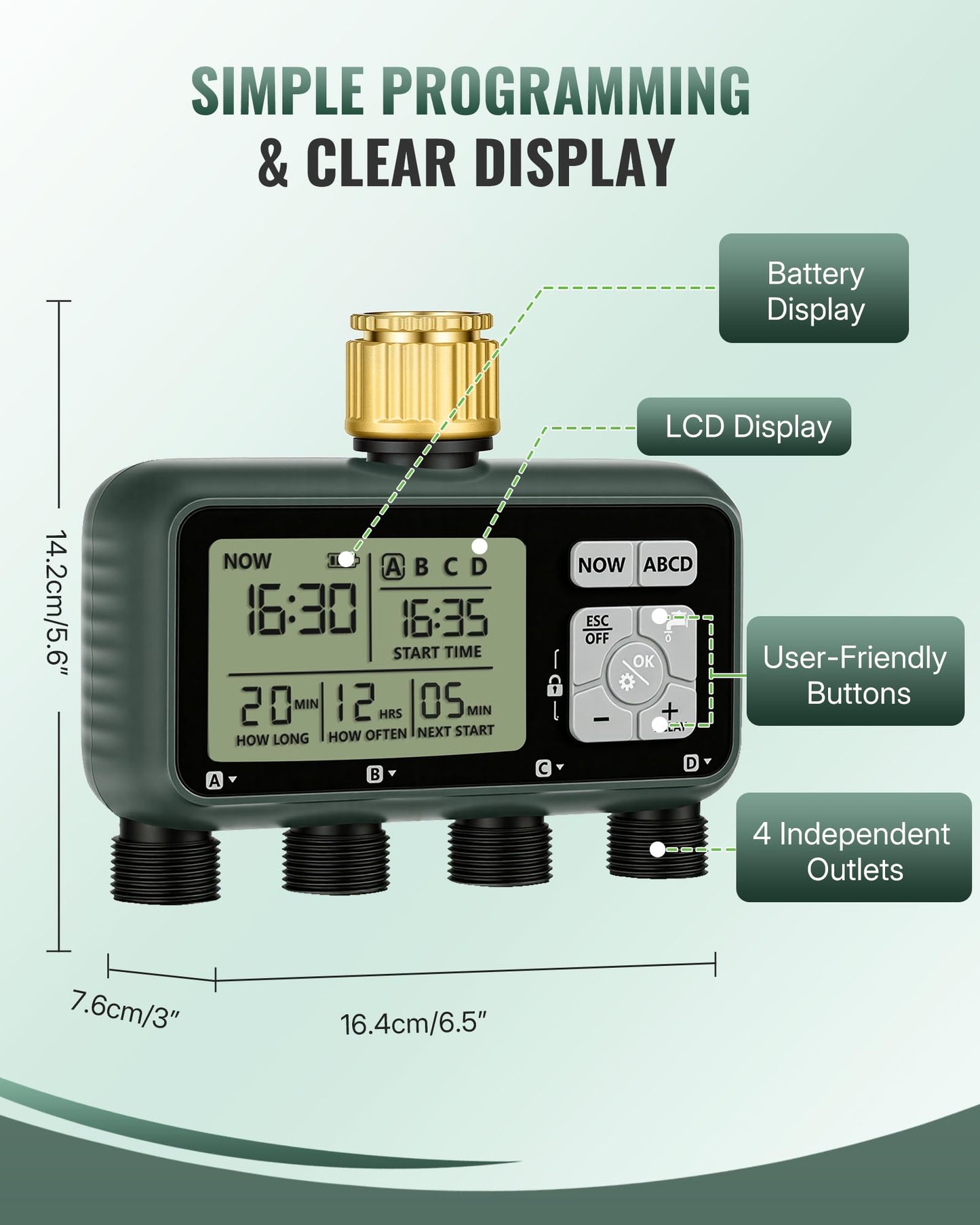 WILAWELS 4 Zone Brass Sprinkler Timer, Garden Hose Timer, Automatic Irrigation System, Programmable Faucet, 4 Outlets, with Rain Delay, Manual Mode,Child Lock, for Yard, Garden, Lawn, Green E14WT06