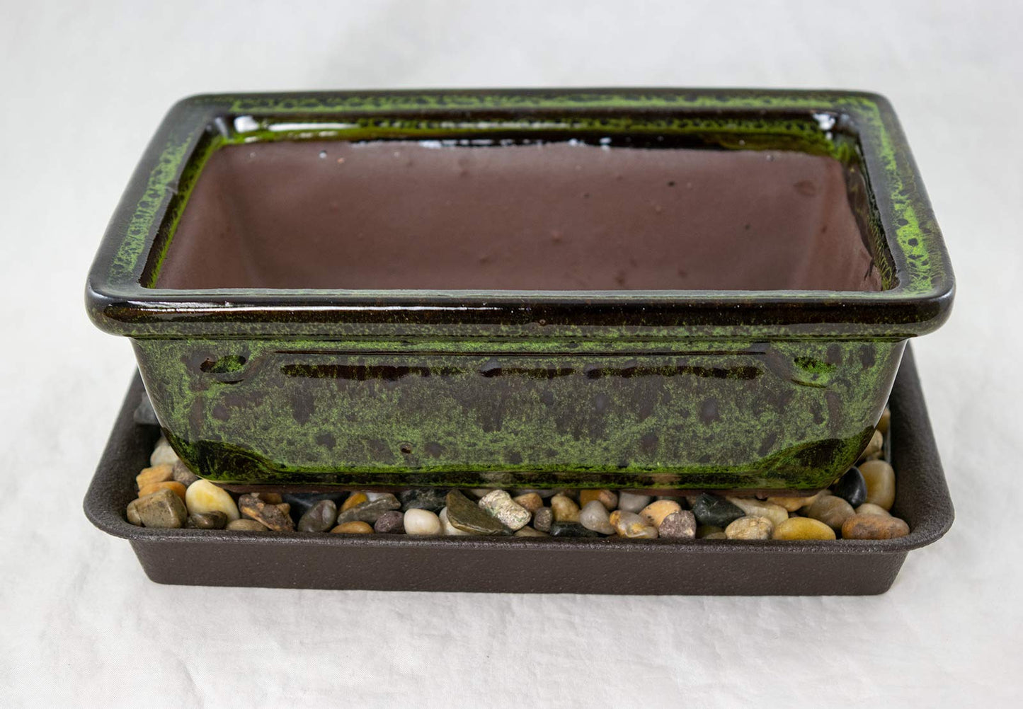 8" Rectangular Moss Green Glazed Bonsai Pot, Cactus & Succulent Planter + Tray + Rock + Mesh Combo