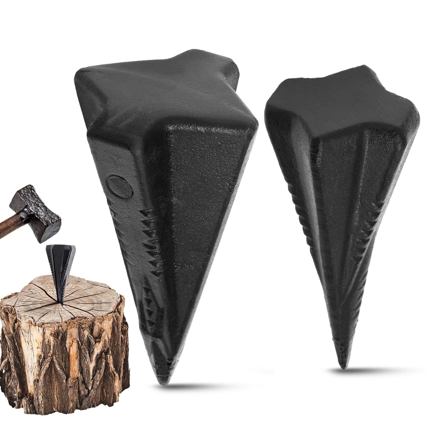 Otoolling 2 Pcs 4 & 5 Lbs Wood Splitting Wedges Manual Log Splitter Wedge 4-direction Diamond Design Forged Steel Tool for Easy Wood Splitting Splits Firewood into 4 Pieces Less Effort (Black)