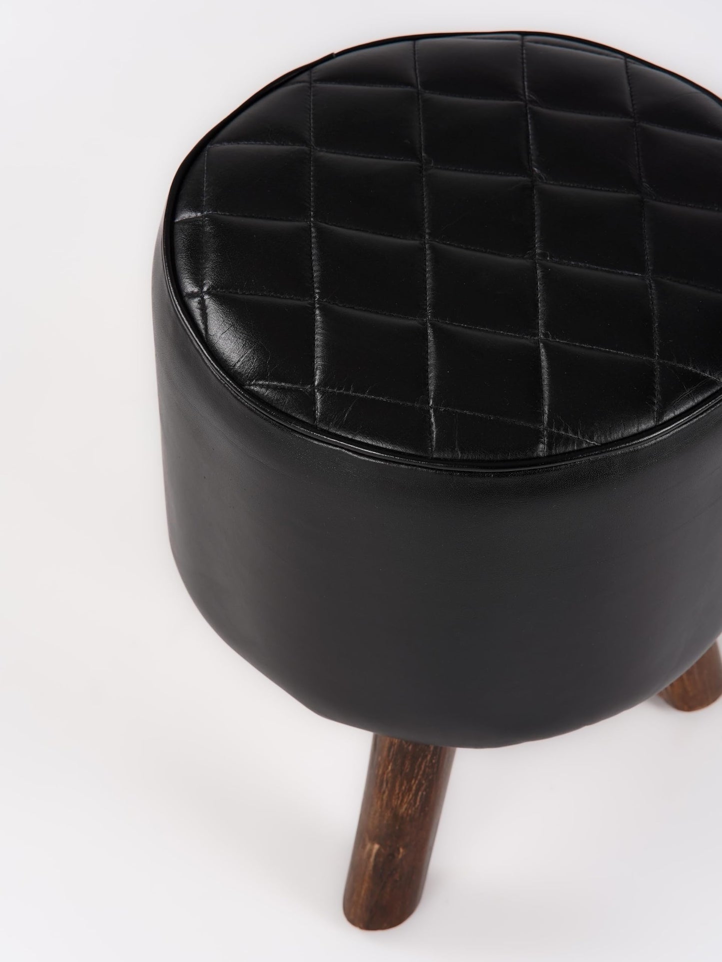 Handmade Eco-Friendly Geometric Buffalo Leather & Wood Black Round Ottomon Stool 18"X14"x14" from BBH Homes