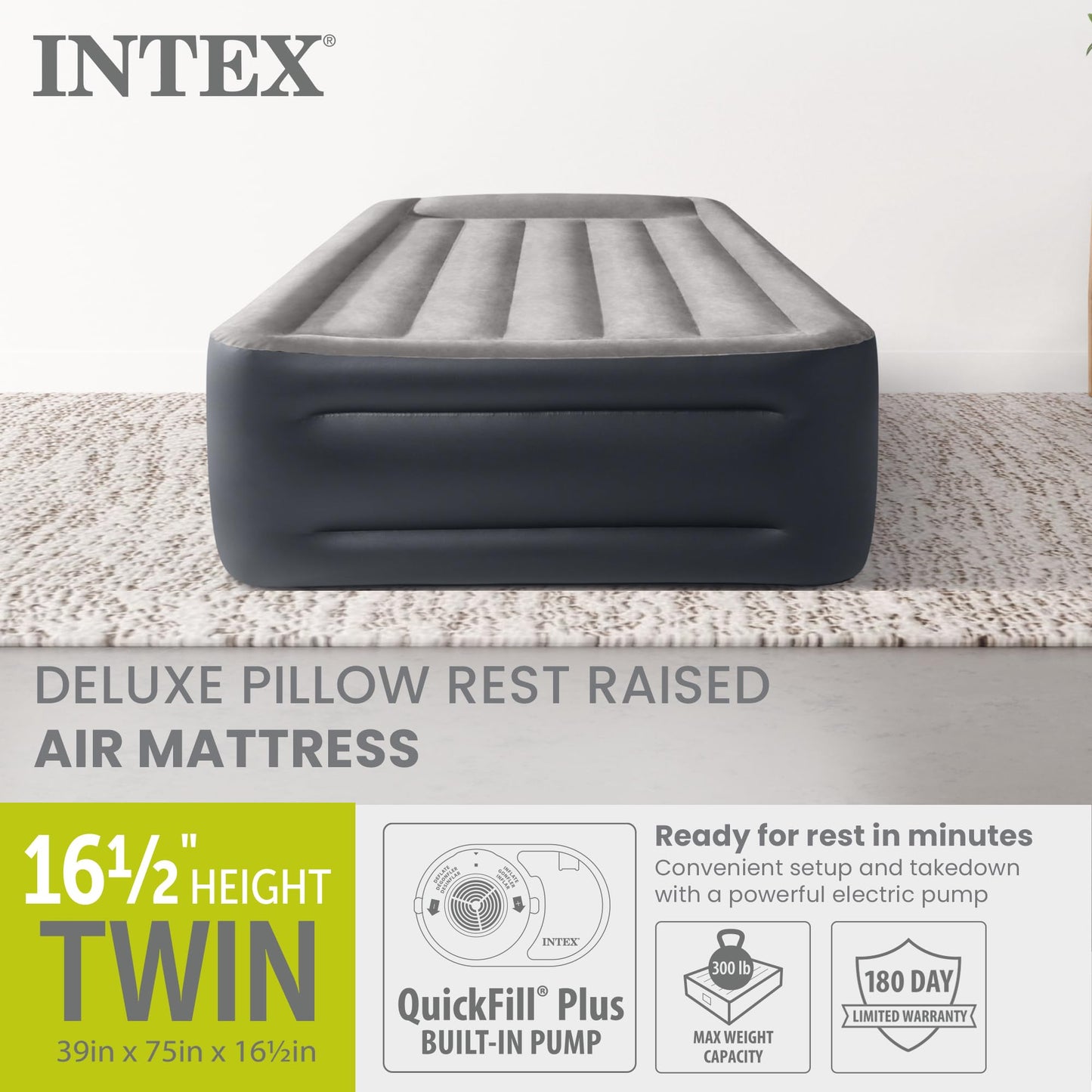 INTEX 64131ED Dura-Beam Plus Deluxe Pillow: Fiber-Tech – Twin Size – Built-in Electric Pump – 16.5in Bed Height – 300lb Weight Capacity