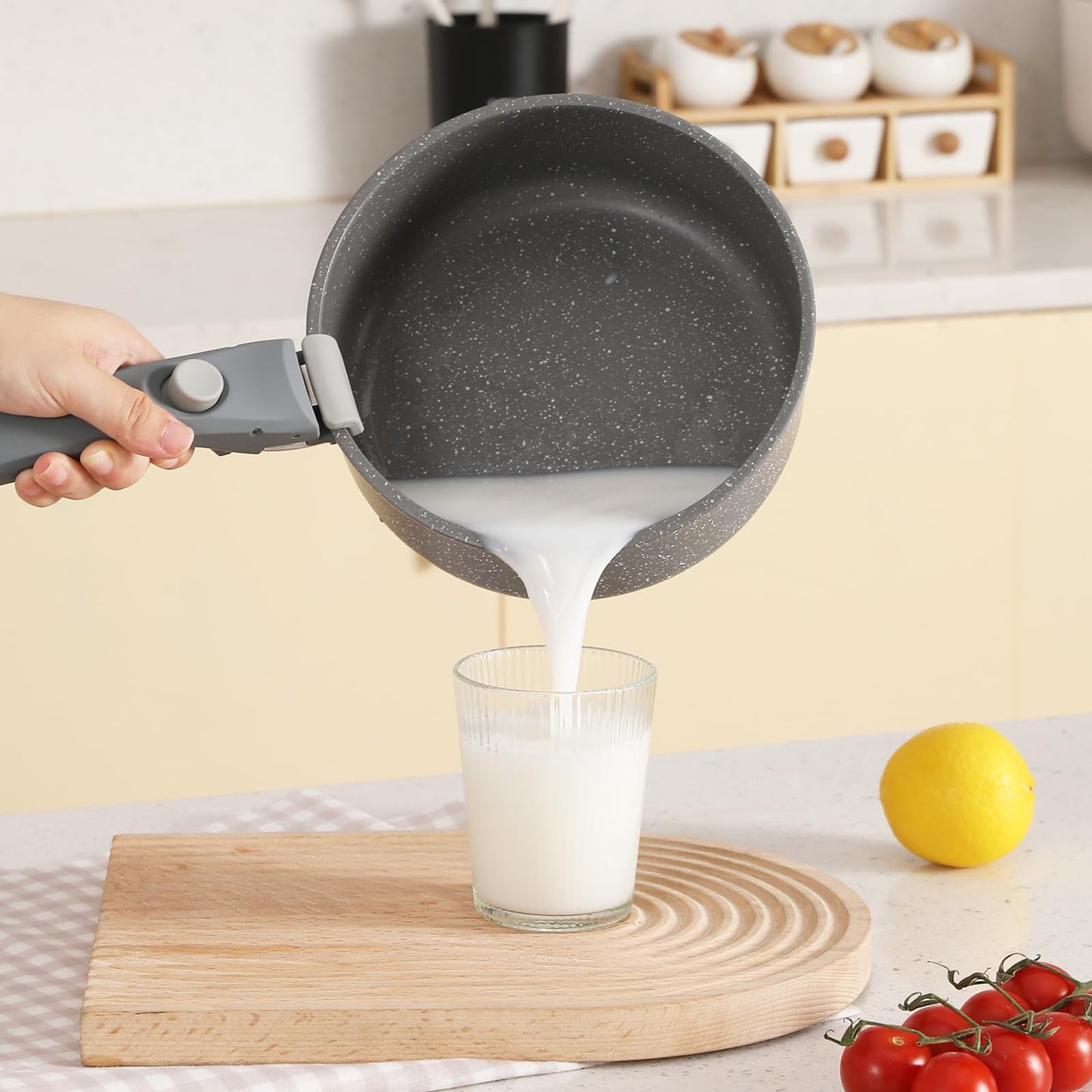 Vkoocy Gray Non Stick Pot and Pan Set with Removable Handle, Ceramic Cookware Set Detachable Handle, 5pcs Induction Kitchen Camping Stackable Pots Pans, Dishwasher/Oven Safe, PTFE/PFAS/PFOA Free
