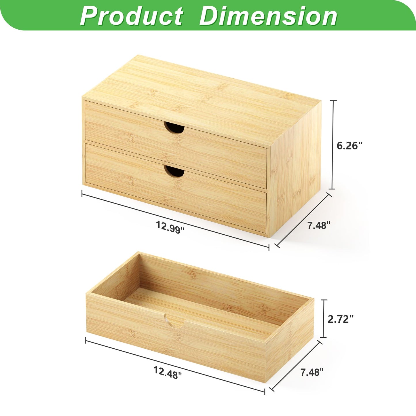 Wisuce Desk Organizer with Drawers - Bamboo Desktop Organizer Storage | White-Natural Wood Desk Drawers Organizer for Bills, Office Supplies, Cosmetics, Seals No Assembly Required(2 drawers edge-free)