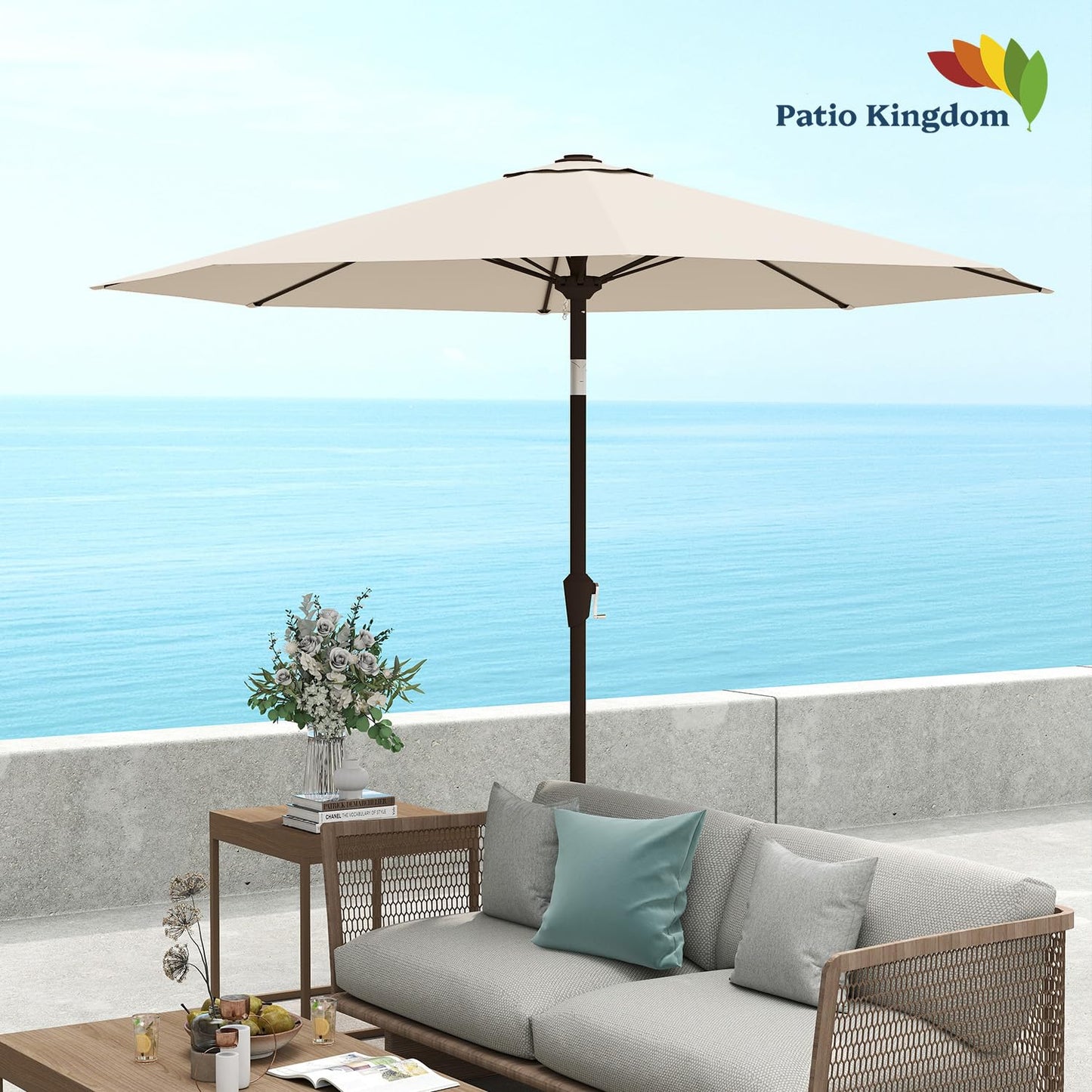 Patio Kingdom 9FT Patio Umbrella Outdoor Table Umbrella w/Push Button Tilt and Crank, 8 Sturdy Ribs, UV Resistant Waterproof Market Umbrella for Pool, Deck, Backyard, Garden, Creamy White