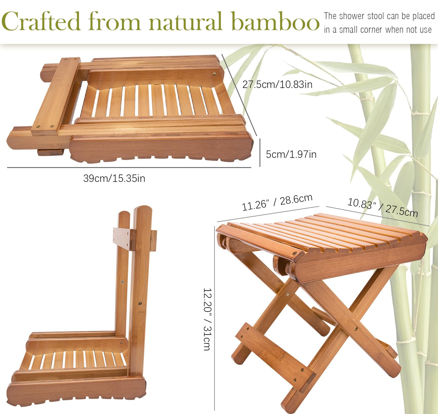 LOYPP Folding Bamboo Stool for Shower, Leg Shaving and Foot Rest, Natural Bamboo Folding Stool, Folding Bamboo Shower Seat, Fully Assembled, 12 Inch High