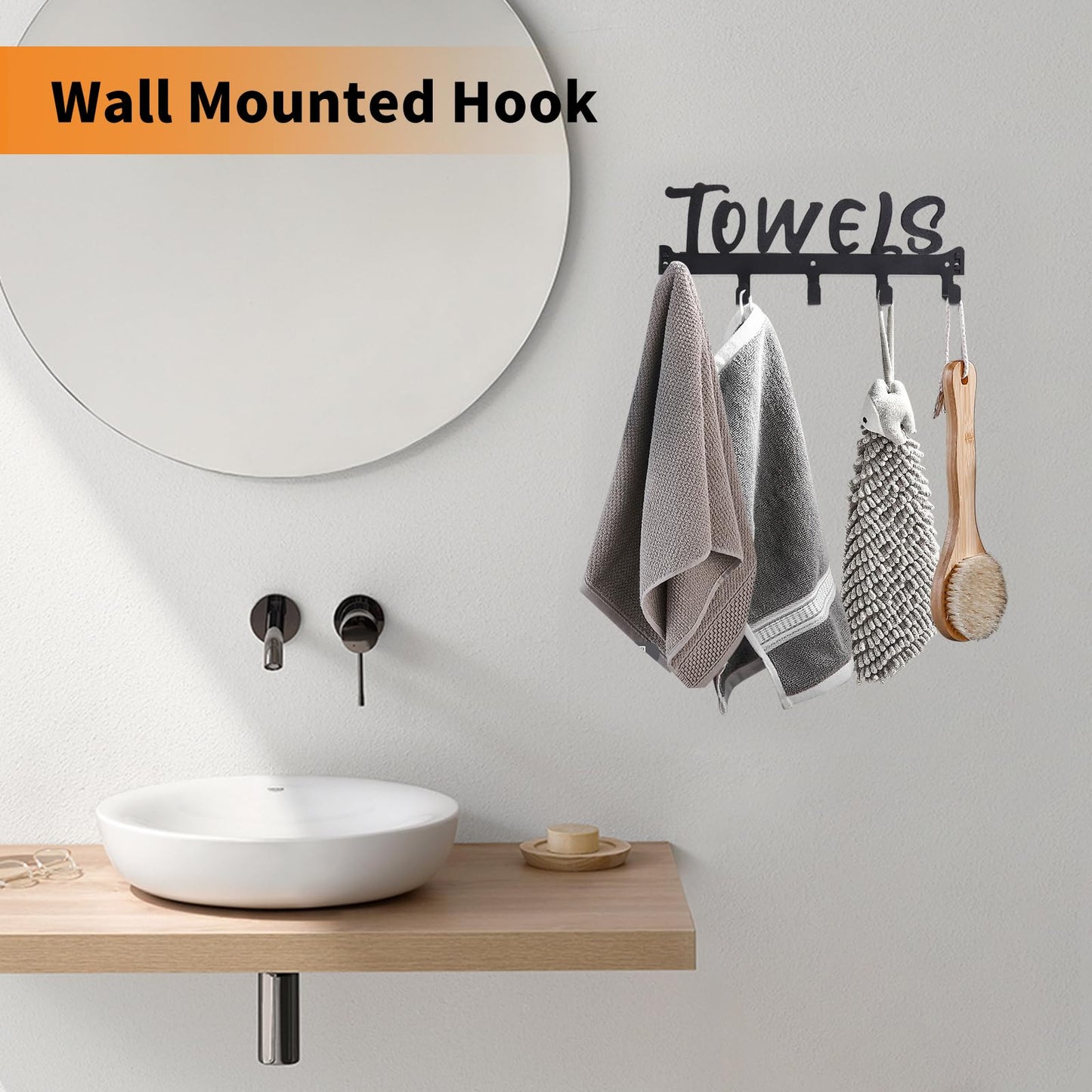 Gohiuo Over The Door Hook, Towel Holder Towel Hook for Bathroom, Towel Hanger Door Rack with 5 Coat Hooks, Over The Door Hanger Towel Rack for Bathroom, Bedroom Towels Coats, Black