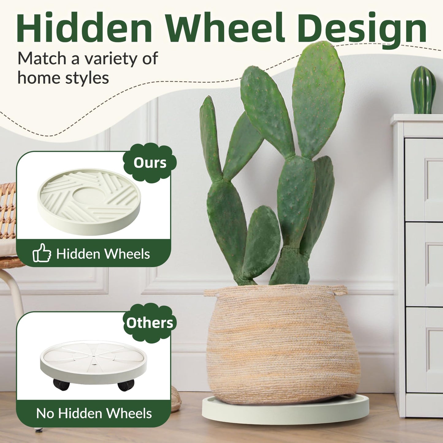 REDHUGO 2PCS Round Plant Caddy with Hidden Wheels, Heavy Duty Rolling Plant Stand Caddy with Wheels, Pot Base for Indoor Outdoor, Beige, 10 inches