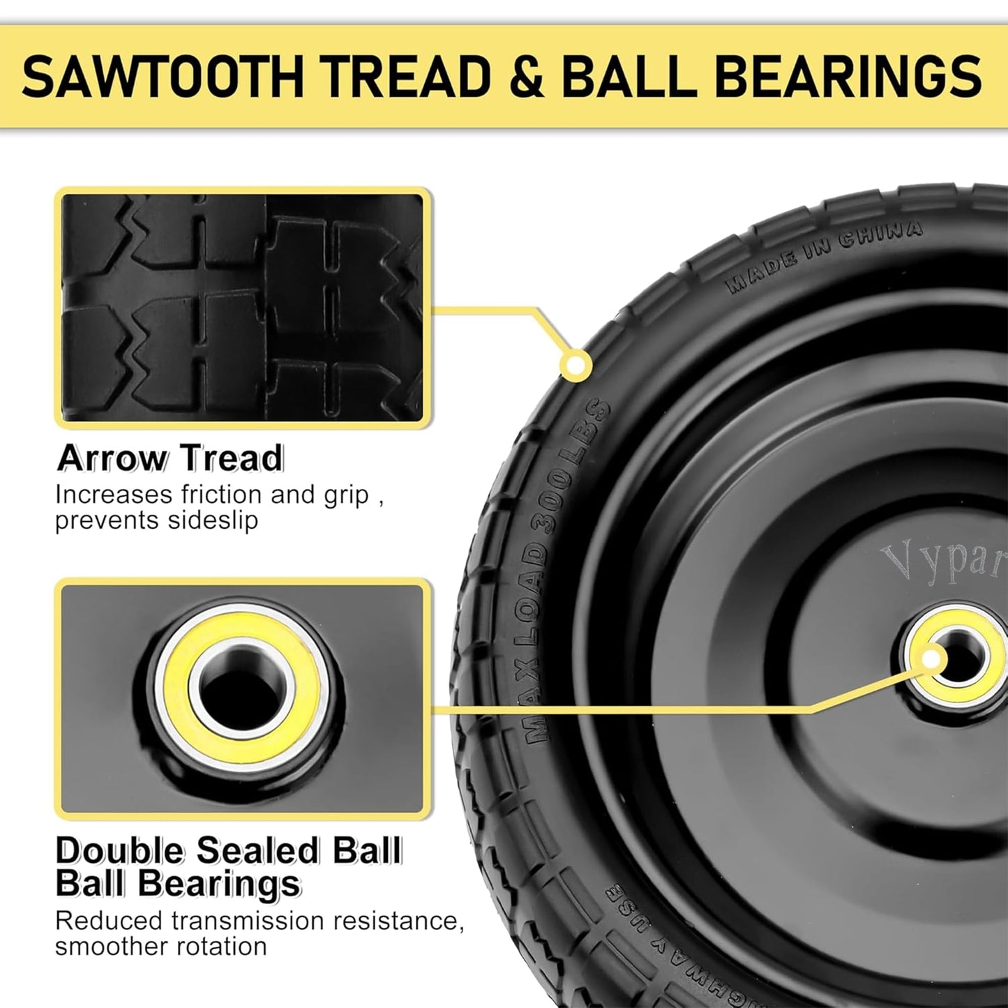 13" Flat Free Wheels for Gorilla Carts, 4.00-6 Solid Tires with 5/8" Bearings & 2.17" Offset Hub, Replacement for Garden Carts, Hand Truck, Yard Trailer, 2 Pack | Vypart