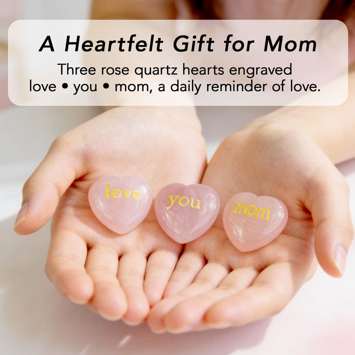 Rose Quartz Heart Gift for Mom, Love You Mom Crystal Keepsake with Acrylic Stand, Mom Birthday Gift from Daughter Son, Mothers Day Desk Decor, Thank You Mom Gift with Card and Box (Gold)