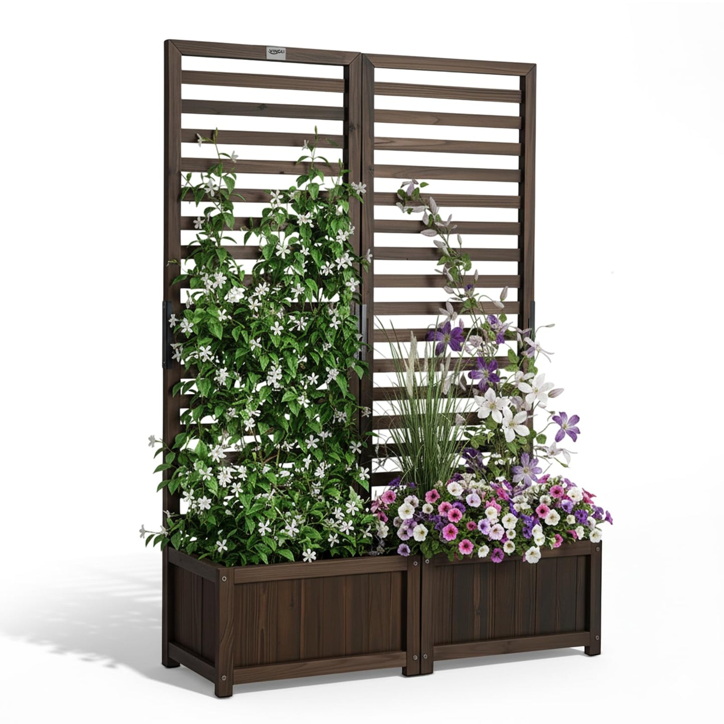 VINGLI Wooden Planter with Trellis, 51" Height Elevated Garden Beds Outdoor, FreeStanding Planter Box with Drainage Holes for Flower, Vegetable, Fruit, Herb in Garden, Patio, Balcony - 2PCS