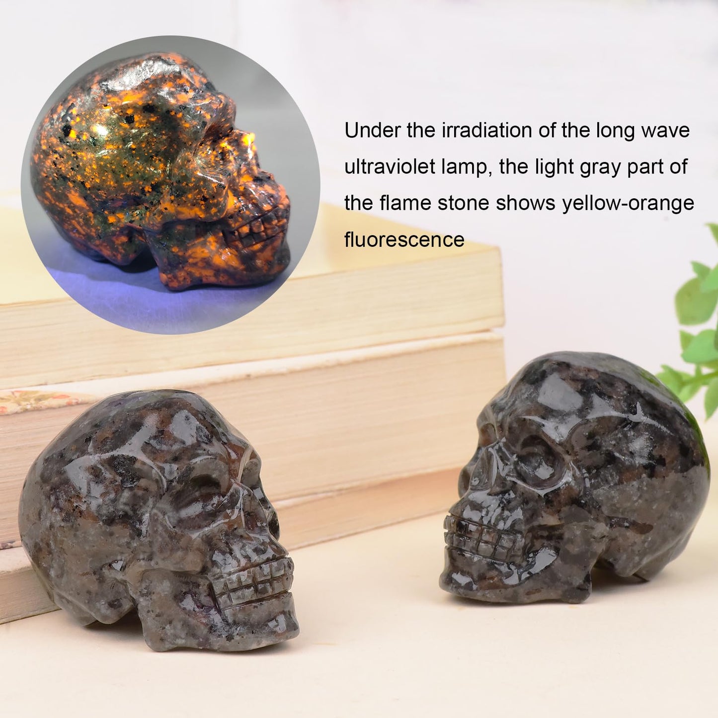 QLRSUXN 2 Inch Flame Yooperlite Stone Crystal Skulls Decor,Human Skull Sculpture Statues Healing Crystal Decor,Halloween Skull Figurines,Home Office Decoration Christmas Meditation Gifts for Men Women