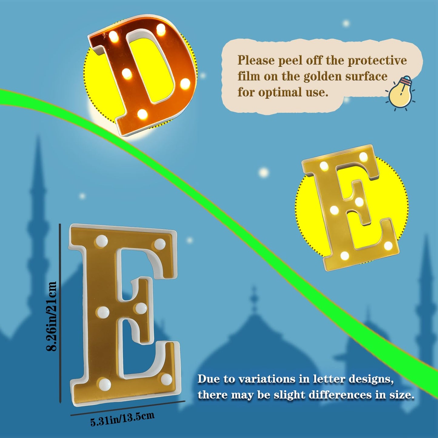3Pcs LED EID Light Up Letters, Battery-Powered Letters Sign Lights, Warm White Decorative Night Lights for Party Home Wall Table Decor Muslim Lights Holiday Supplies