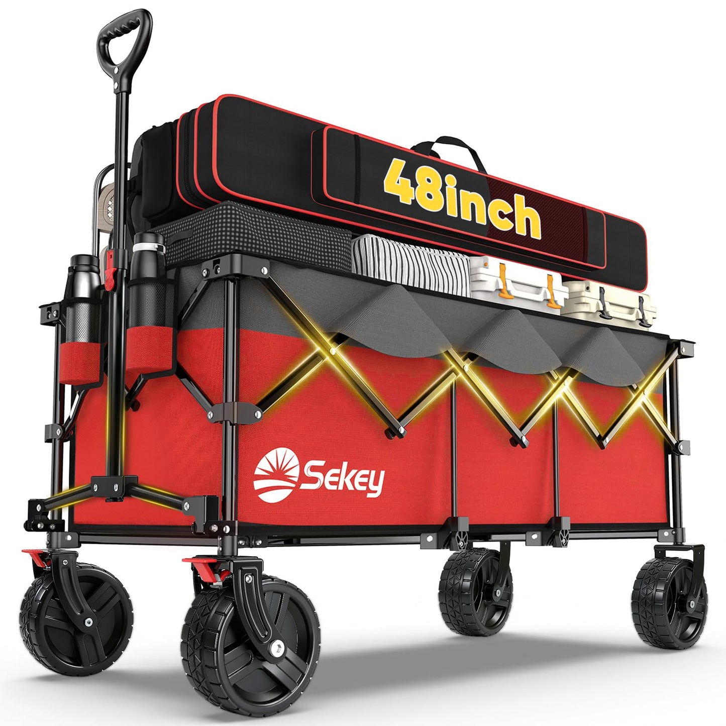Sekey 48''L Collapsible Foldable Extended Wagon with 660lbs Weight Capacity, Heavy Duty 300L Folding Utility Garden Cart with Big All-Terrain Beach Wheels & Drink Holders. Red&Grey