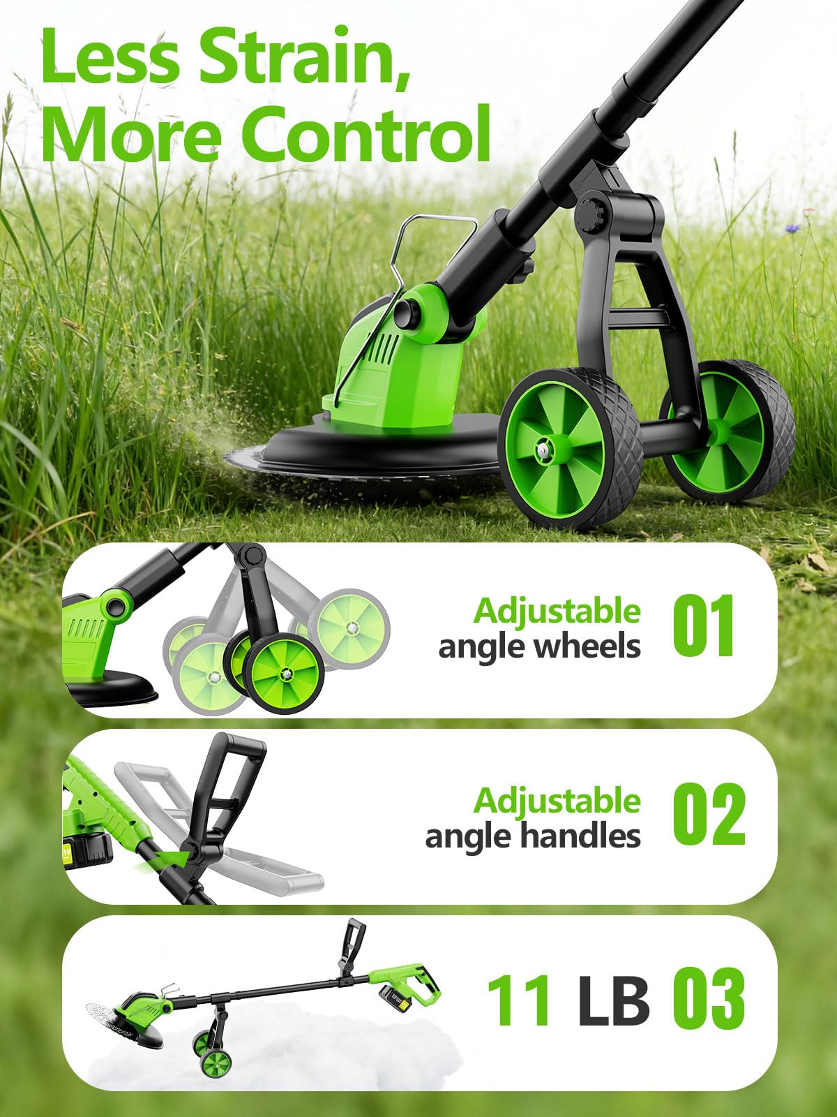 20,000RPM Cordless Electric Weed Wacker, 800W Brushless Weed Eater with Wheels, 12" 4-in-1 String Trimmer Lawn Edger Mini Lawn Mower Brush Cutter, Foldable, 21V, 2×4.0Ah Batteries Power Display