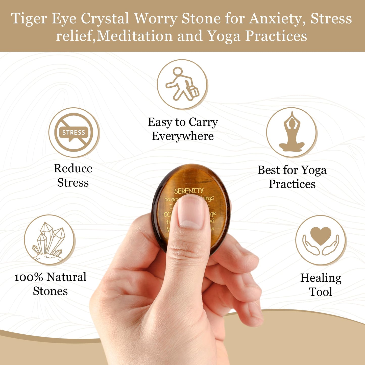 QINJIEJIE Tigers Eye Healing Crystals Serenity Prayer Worry Stones for Anxiety Engraved Inspirational Stones Anxiety Relief Items Sobriety Encouragement Gifts for Women Men