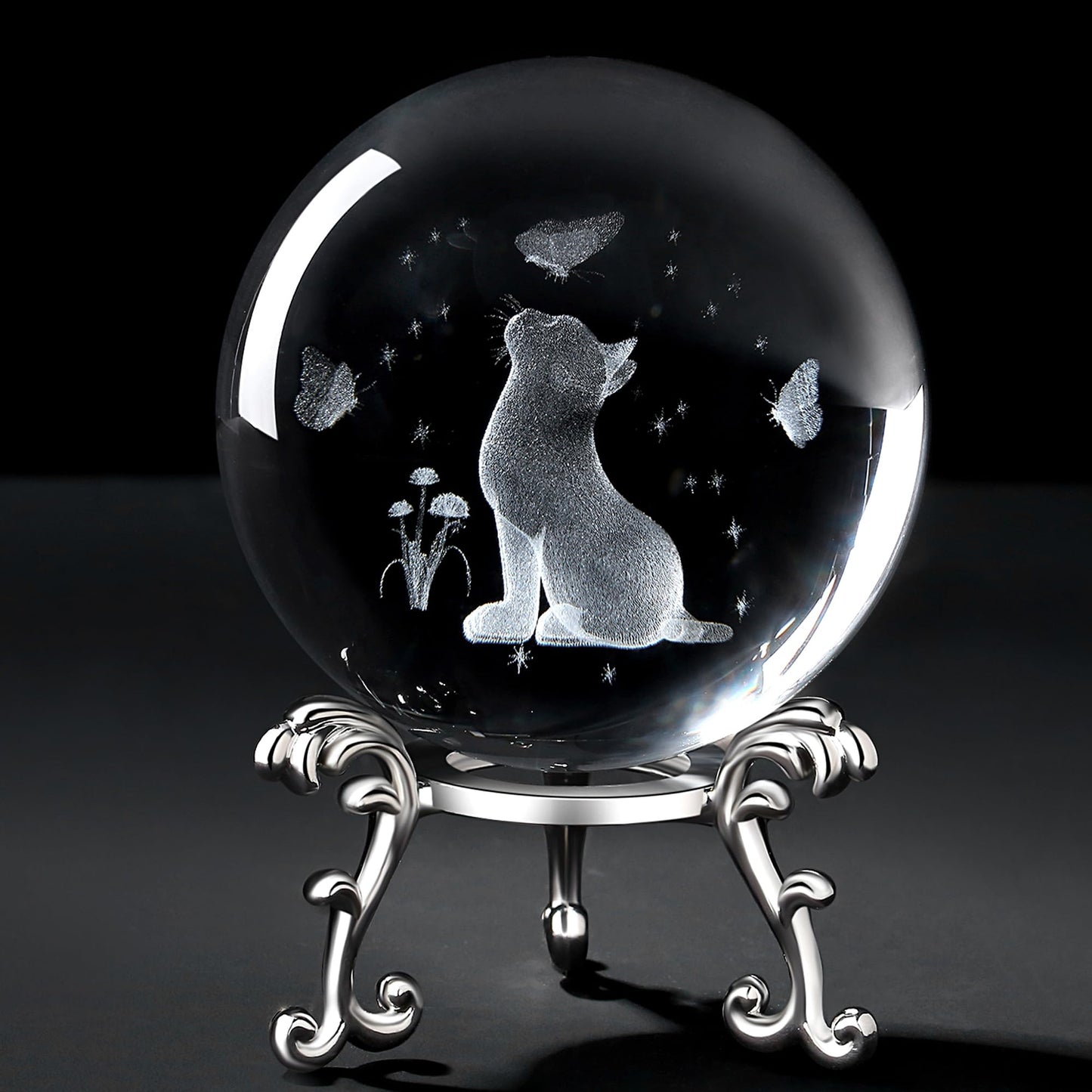 MAIBAOTA Cat Gifts for Cat Lovers Women 3D Crystal Cats Theme Stuff Figurines Money Attraction Decor Good Lucky Gifts 60mm Glass Laser Ball Paperweight with Stand Glass Sphere