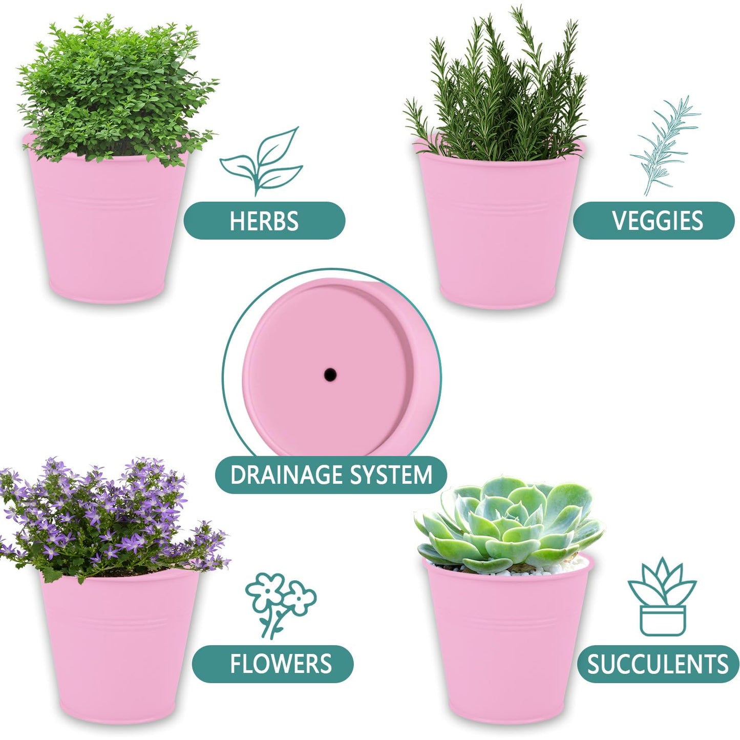 Linzenter Indoor Herb Garden Set of 3 with Tray and 3 Types of Gardening Tools, Metal Plant Pots Herb Garden Planter Kit with Drainage for Plants (Pink)
