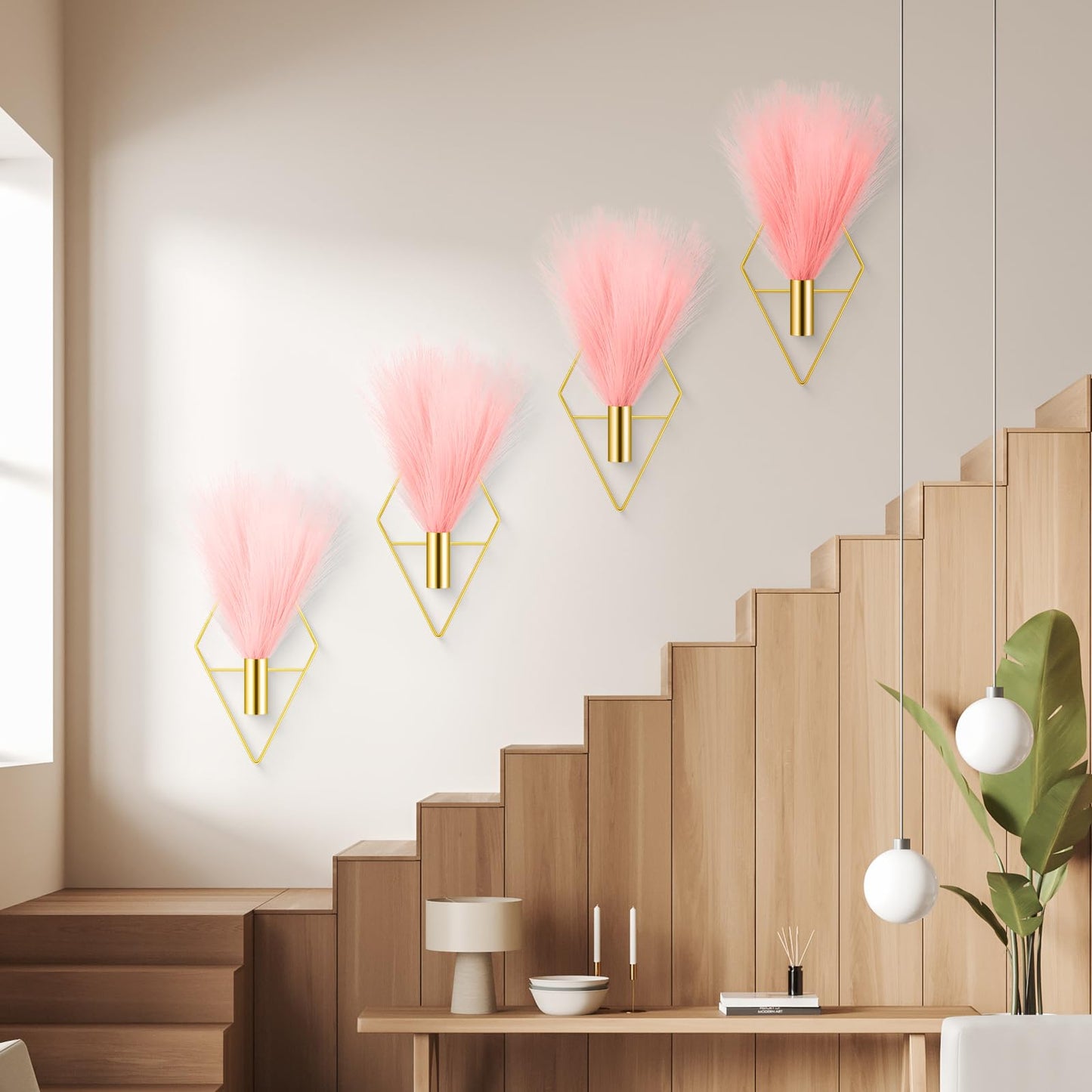 Hanaive 4 Sets Boho Gold Wall Decor Metal Wall Art Hanging Planters with Artificial Pampas Display Art Modern Home Metal Vase for Bedroom Living Room Home Office(Gold, Pink)