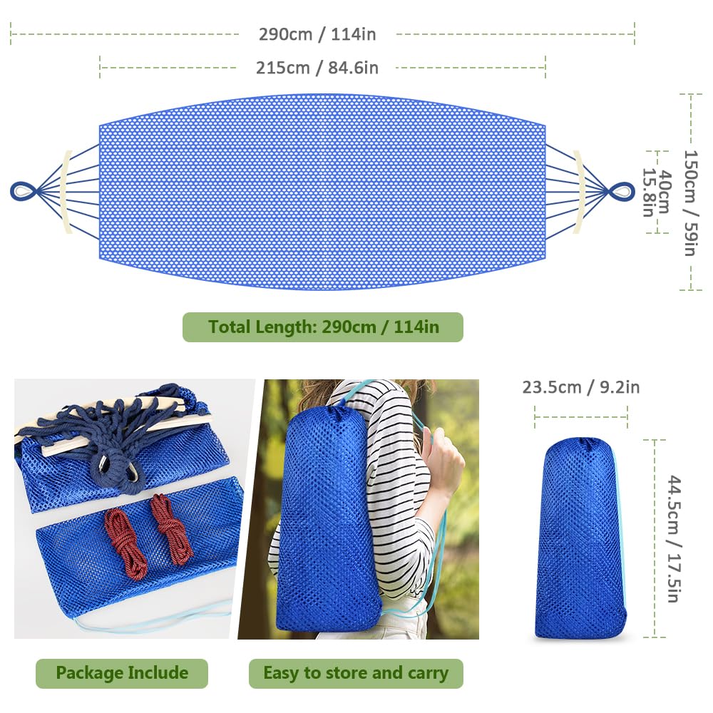 Outdoor Hammock, Super Soft and Breathable Mesh Hammock Made of Cool Nylon with Wooden Bars for Indoor, Balcony, Terrace, Garden, Camping, Backpacking