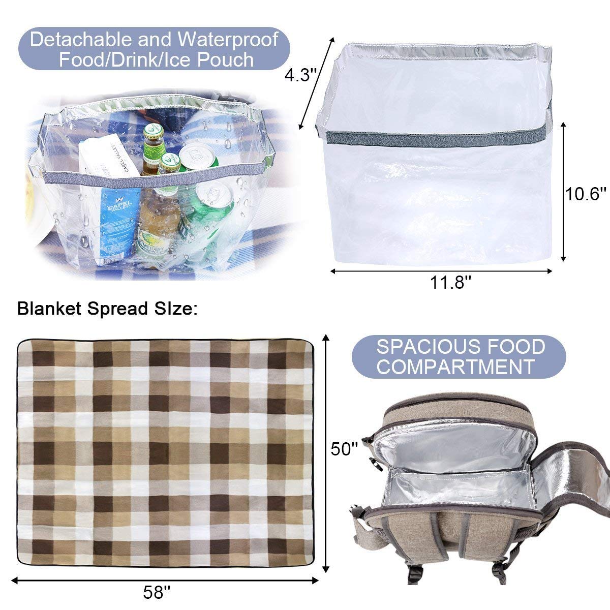 Sunflora Picnic Backpack for 4 Person Set Pack with Insulated Waterproof Pouch for Family Outdoor Camping (Brush Beige)