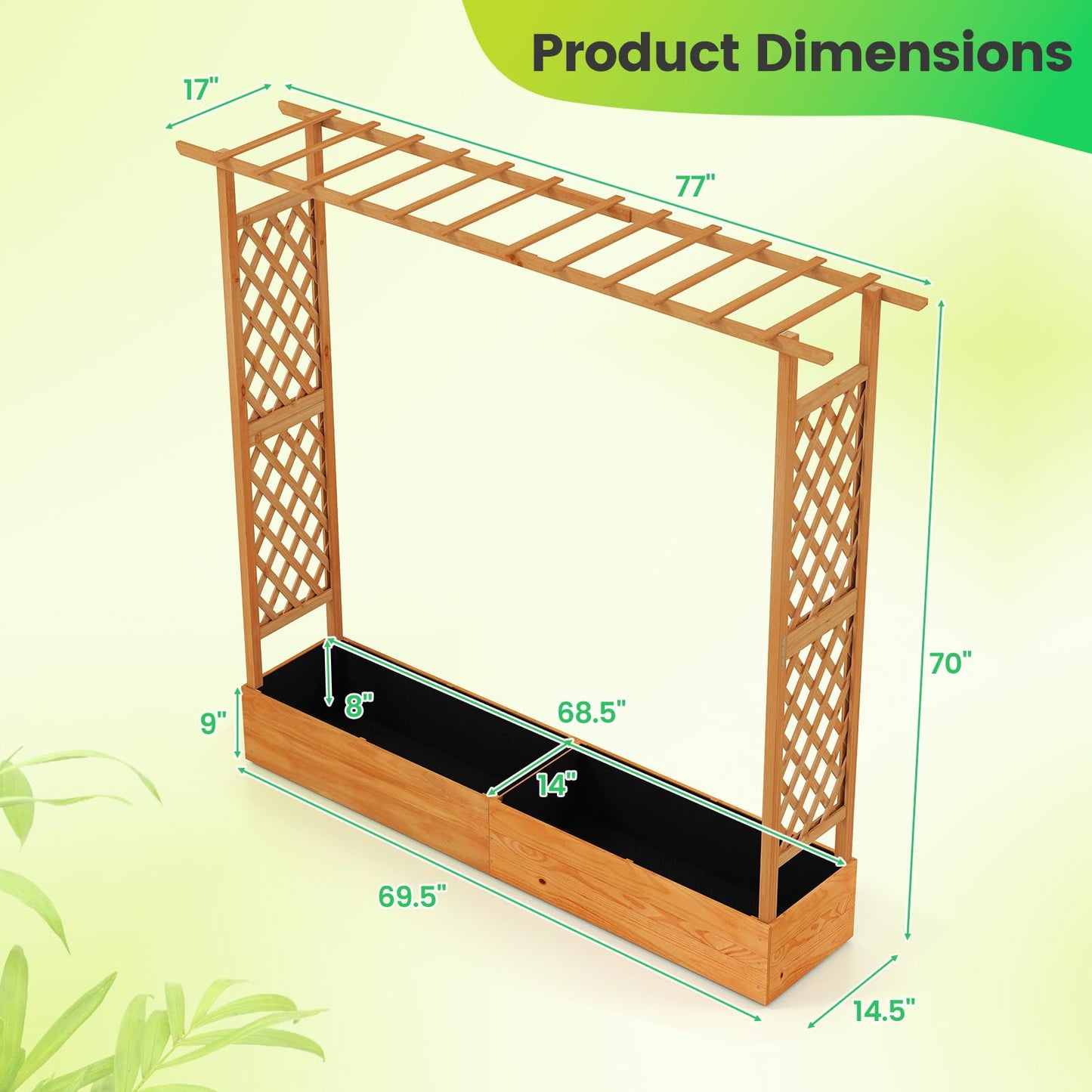 Giantex Raised Garden Bed with Trellis & Hanging Roof, Wood Planter Box with Bottom and Drainage Holes, Freestanding Garden Planter for Flower Vegetable Fruit Herb Climbing Vines, 77"x17"x70"