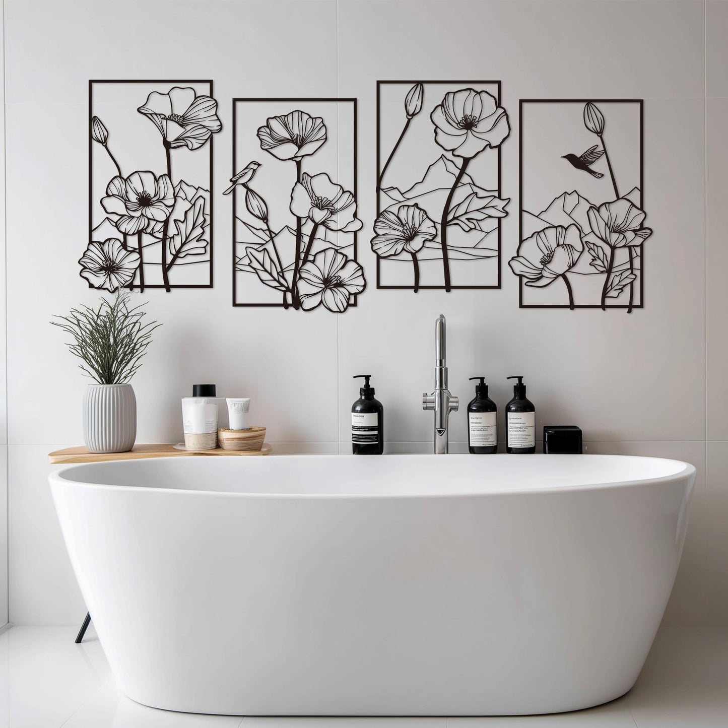 deeinglif Black Metal Wall Art Set of 4, 3D Metal Wall Decor for Living Room Bedroom Bathroom, Abstract Floral Mountain Nature Wall Sculptures, Modern Minimalist Iron Wall Art, 12 x 17 Inch