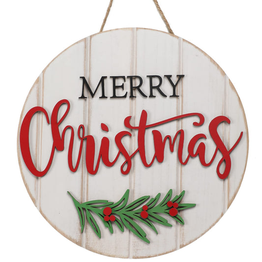 3D Merry Christmas Ornament Door Hanger 12 Inch Wooden Wreath Sign Colorful Farmhouse Style Merry Christmas Sign for Front Door