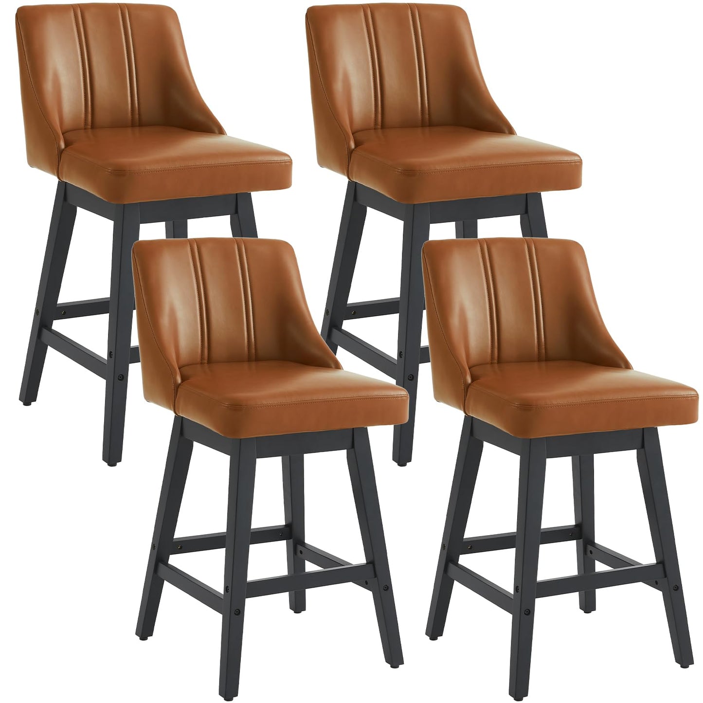 kinmars 27'' Counter Height Bar Stools Set of 4, Swivel Bar Stools with Backs, Modern Faux Leather Bar Stools for Kitchen Island, Solid Wood Legs, Adjustable Feet (PU - Brown, Set of 4-27" H)