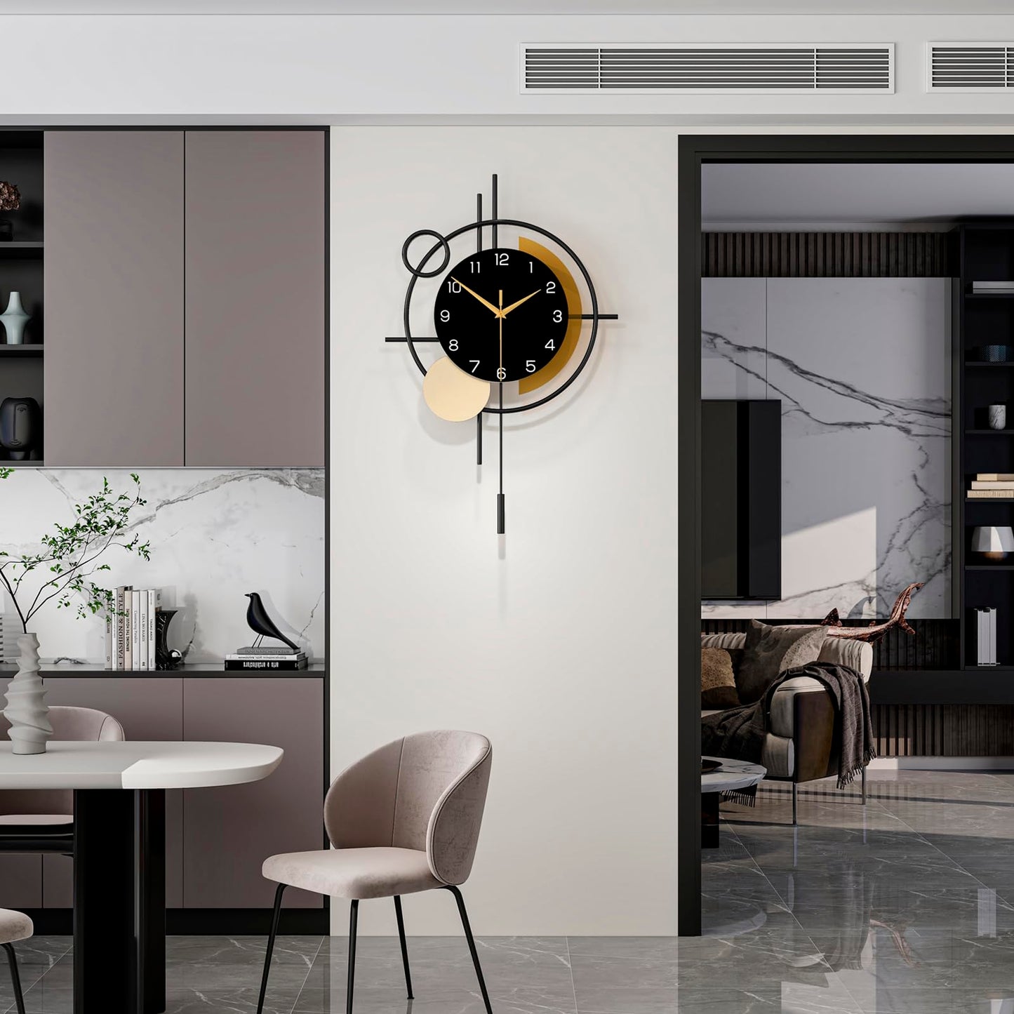 YIJIDECOR Wall Clock for Living Room Decor Decorative Wall Clock with Pendulum Silent Quartz Battery Operated Black Metal Large Clock for Dining Room,Kitchen,Home,Bathroom,Bedroom,13.8x21.3 in