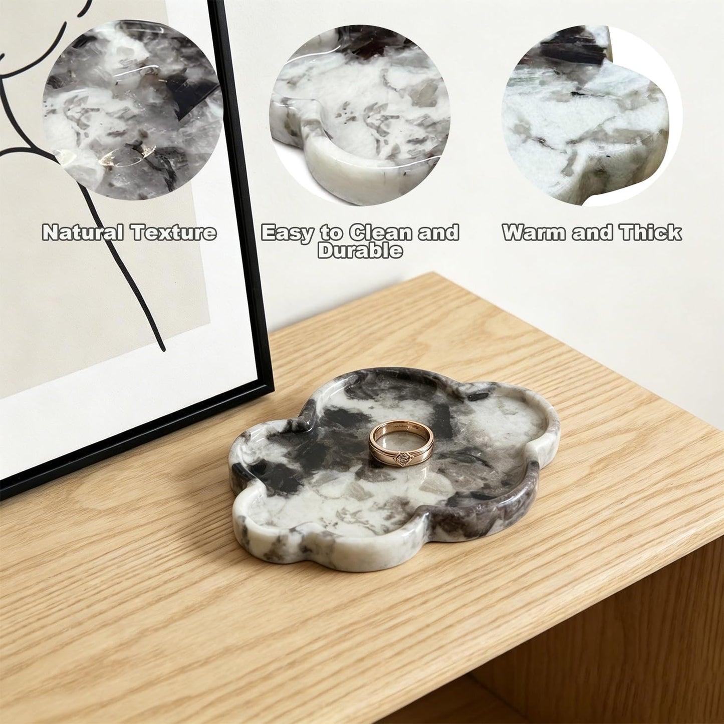 Terramason Natural Marble Tray Cloud Shape Vanity Trays, Jewelry Trays Holder Dish for Bathroom Countertop Home Decor Gift Black Needle