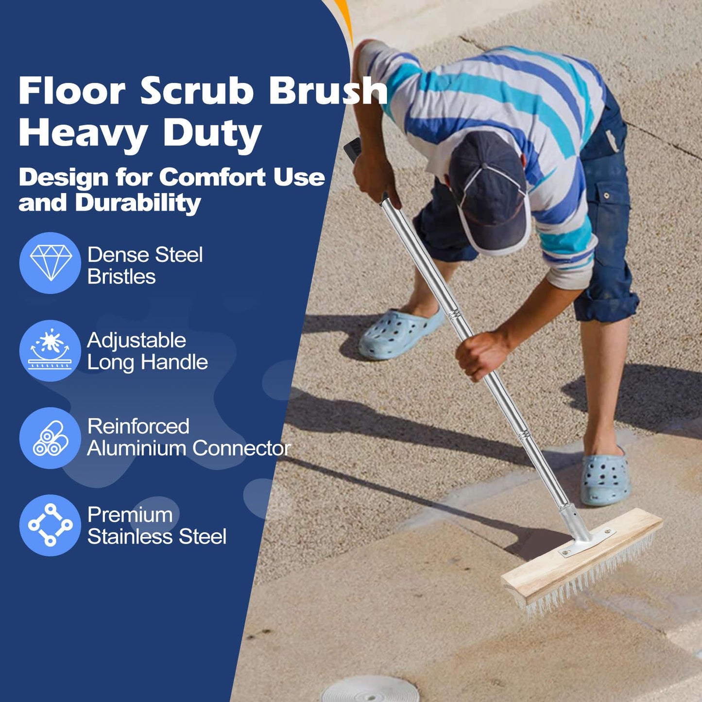 ROLKAR Floor Scrub Brush, Deck Brushes for Scrubbing Heavy Duty, Concrete Scrubber Outdoor Broom, Metal Wire Pool Brush Stainless Steel, Garage Patio Gunite Tile Algae Moss Cleaning Tool Long Handle