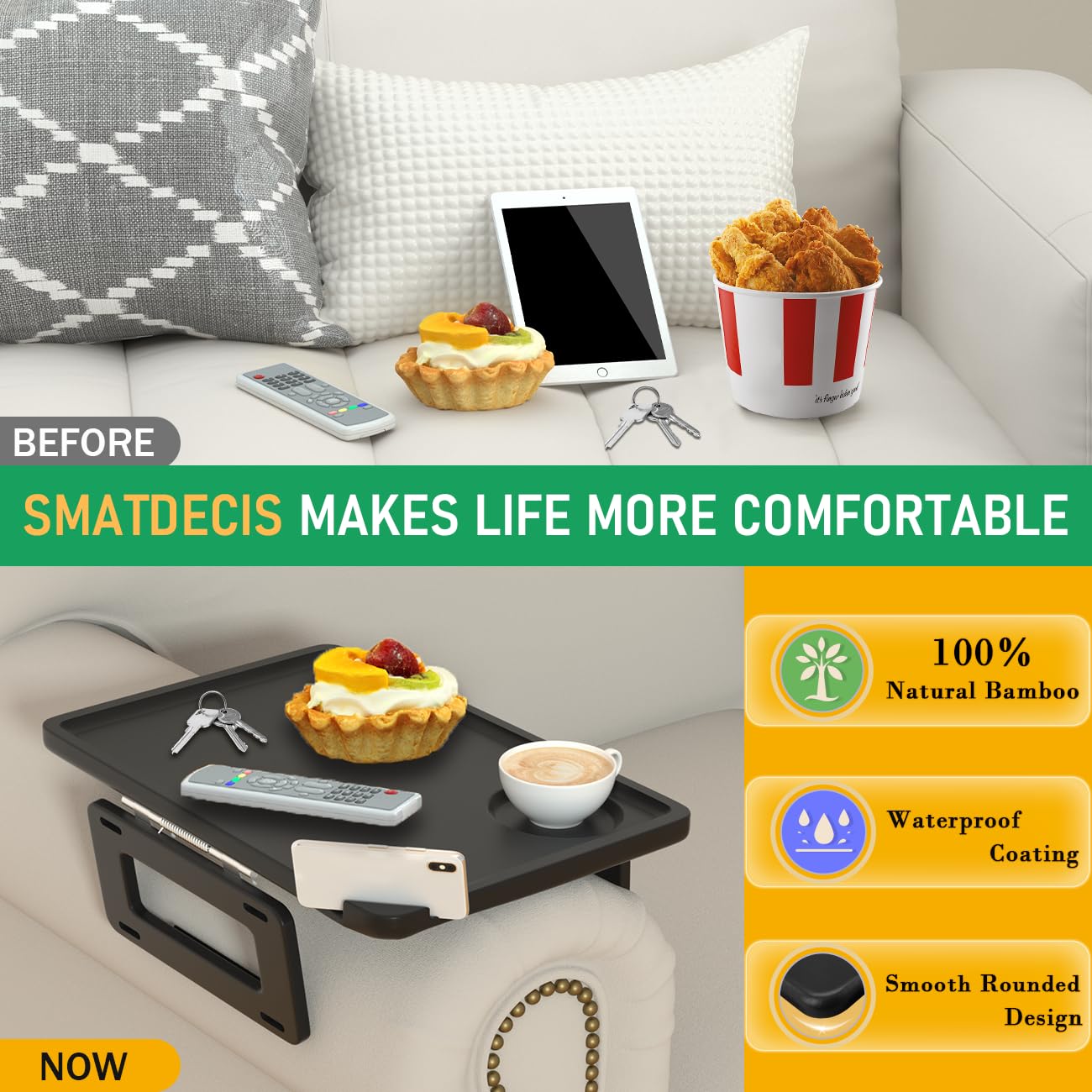 Smatdecis Couch Arm Tray Table Sofa Arm Clip Table, Armrest Tray Table Suitable for Home Drinks/Fast Food/Fruit Etc, Large Size Multi-Function Black