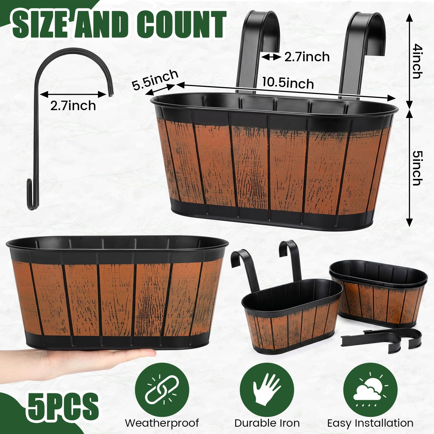 Ferrochef 5 Pcs Wine Barrel Metal Hanging Flower Pots 10.5" Fence Hanging Planters Outdoor Pot Wine Barrel Wall Planter with Detachable Hooks for Fence Garden Yard Home Decor